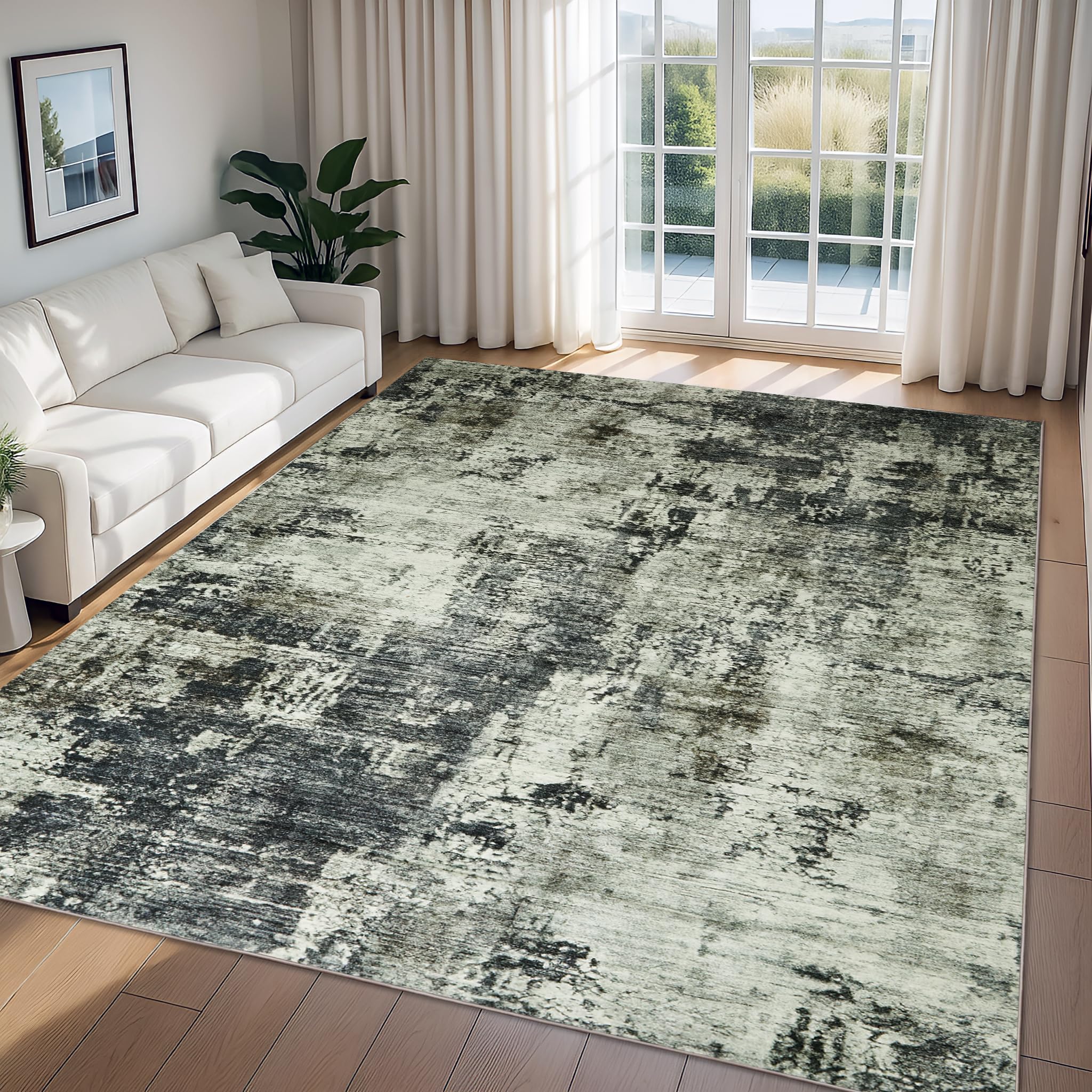 Imperial Rooms Abstract Grey Rugs Living Room Large 160x230 cm Short Pile Area Rugs for Bedroom Machine Washable Non Slip Carpet for Kids Room Soft Vintage Design Boho Rug, Frost