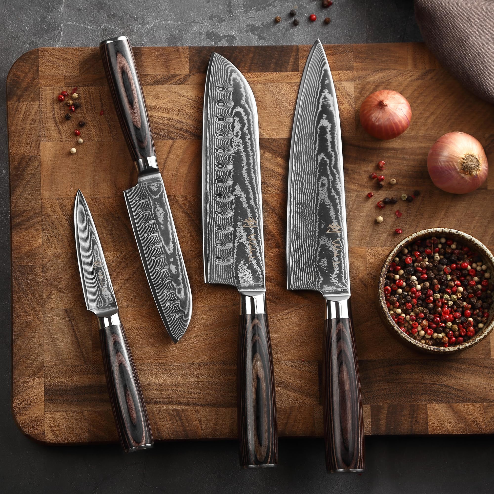 Wakoli EDIB Essentials Set de 4 couteaux en Damas acier damassé 67 couches noyau VG10 manches bois pakka cuisine professionnels