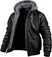 CREATMOUS Men's Faux Leather Motorcycle Jacket - Waterproof Windproof Bomber Hoodie with Removable Hood