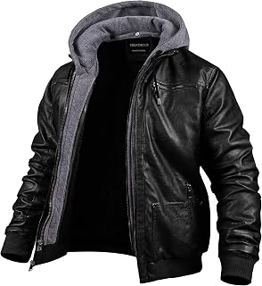 CREATMOUS Men's Waterproof Faux Leather Motorcycle Jacket - Windproof Bomber Hoodie with Removable Hood