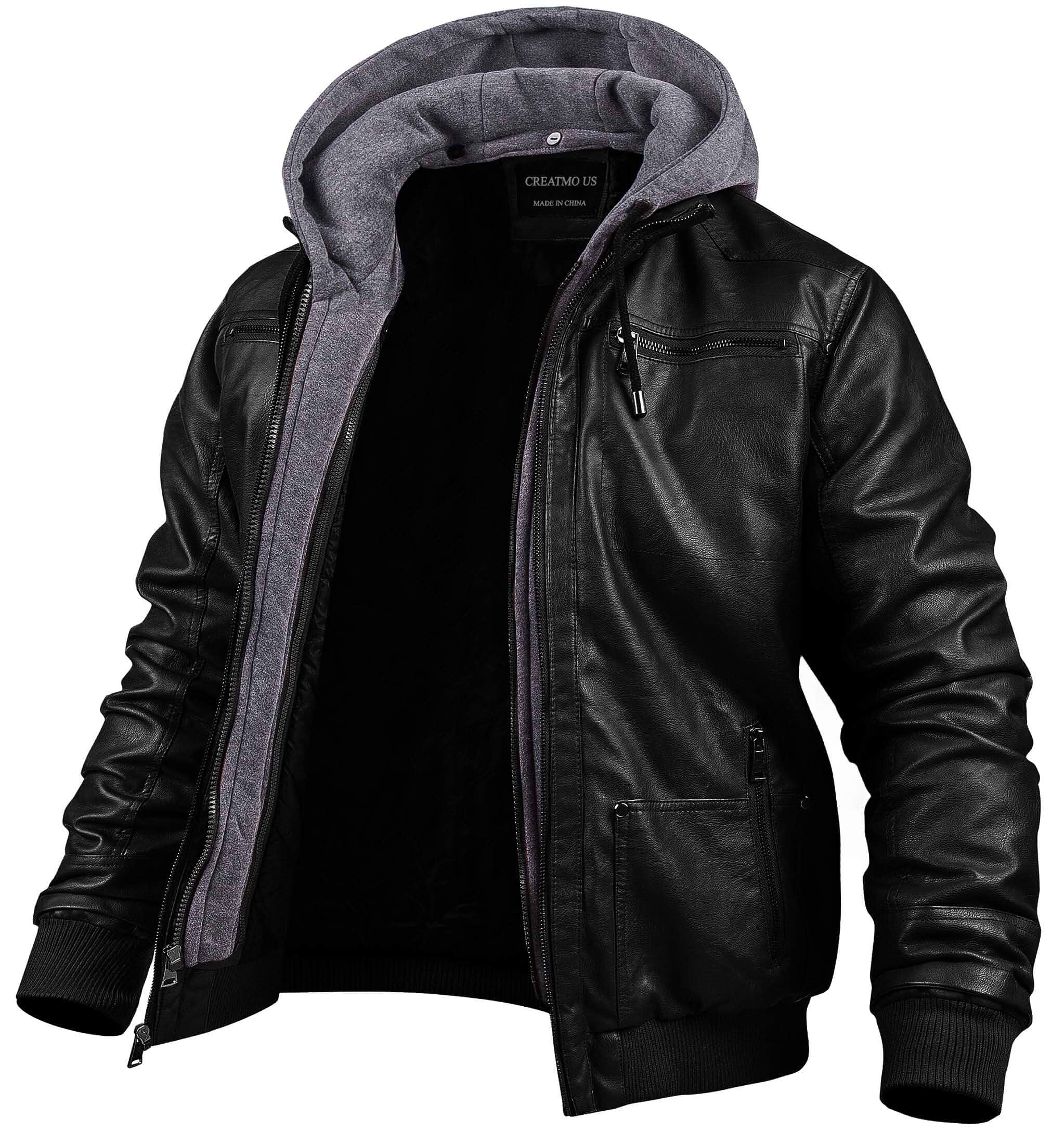 CREATMO US Men's Faux Leather Jacket Motorcycle Jacket Waterproof Windproof PU Moto Vintage Bomber Hoodie with Removable Hood