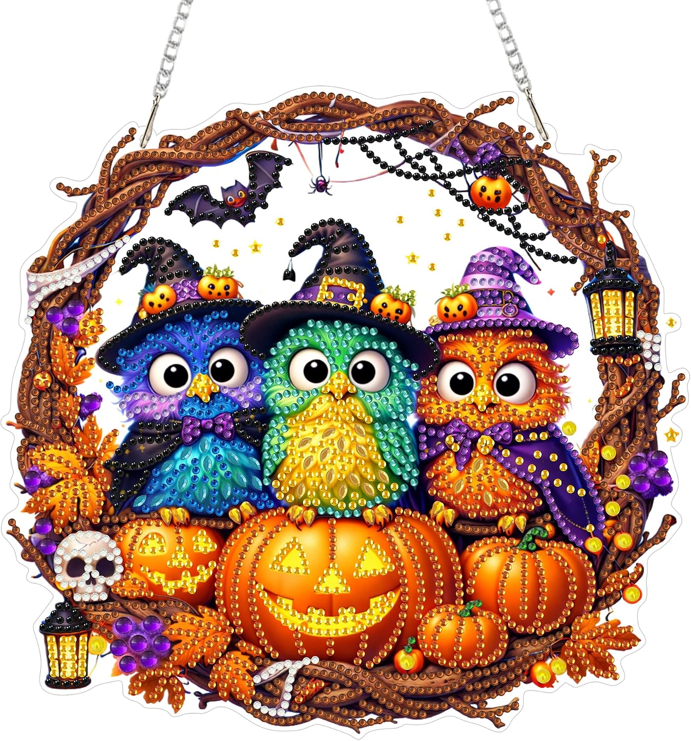 Eiflow Diamond Art Hanging Kit for Adults Halloween Bird, DIY Diamonds Pearl Painting Door Hanger Board Kit, Special Crystal Diamond Art Painting Pendant Ornament (Bird Wreath)