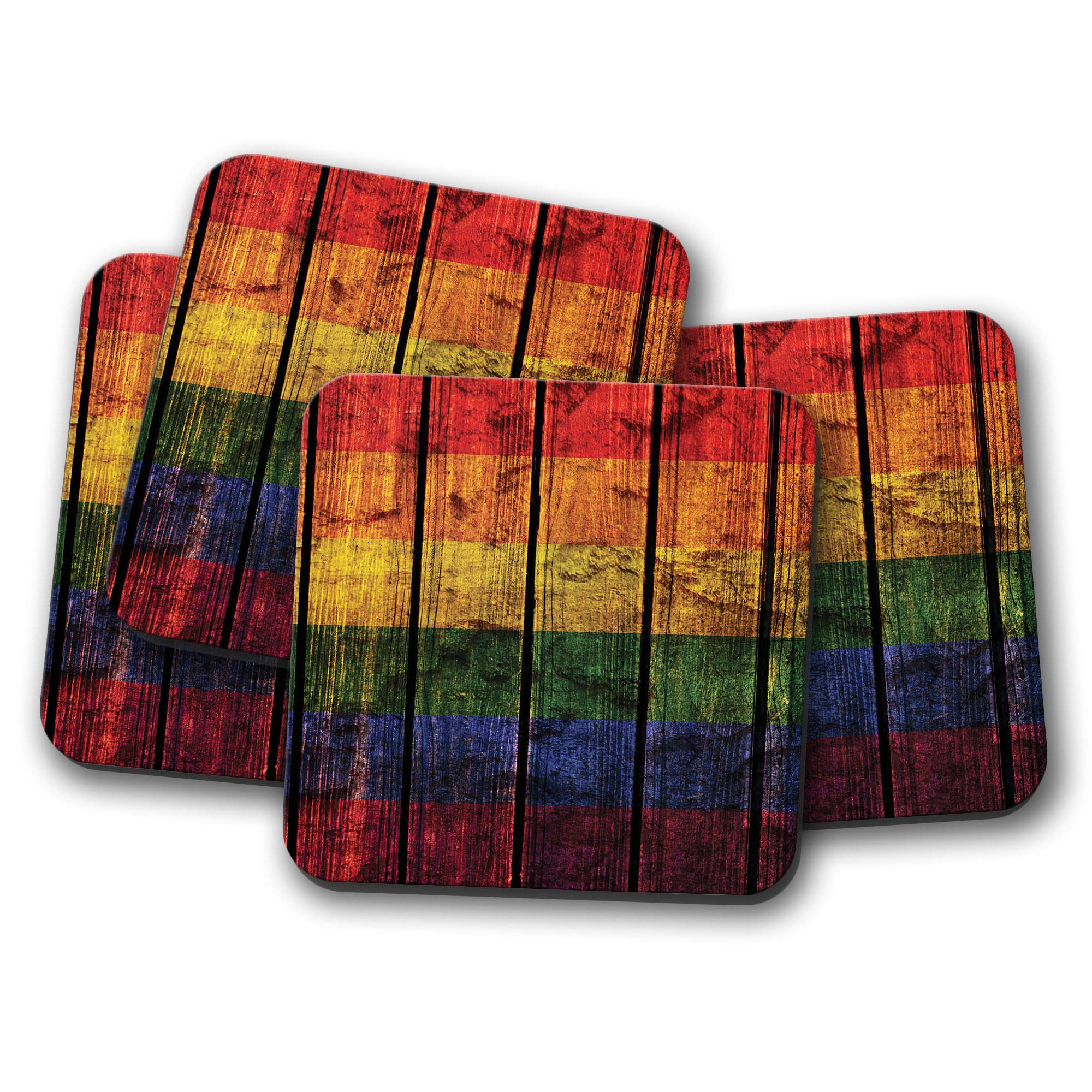 Destinationvinyl Multicolor 4 Set - Gay Pride Flag Coaster - Lesbian Lgbt Rustic Wood Vintage #14354