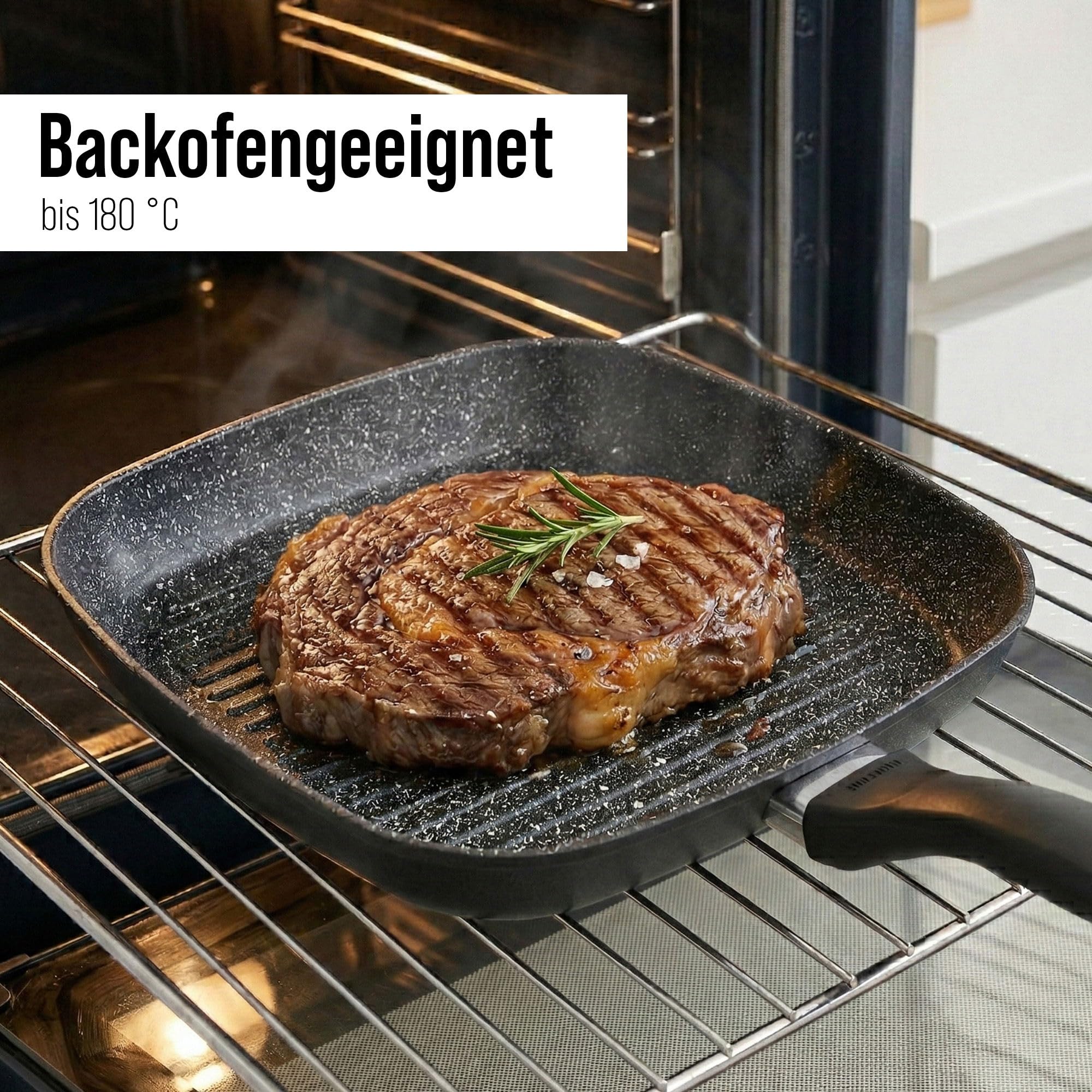 STONELINE Grillpfanne 26 x 26 cm, Aluguss, Antihaftbeschichtung mit echten Steinpartikeln, Große Pfanne Induktion backofengeeignet, Steakpfanne Eckige Pfanne, Schwarz