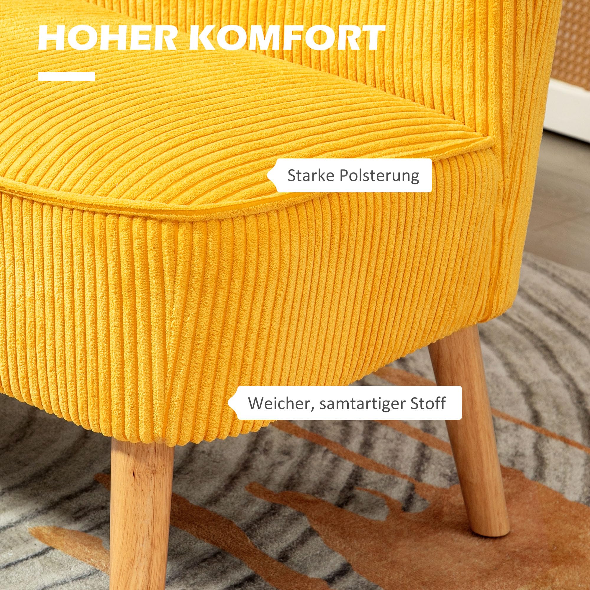 HOMCOM Sofa 2 Sitzer Couch, Kleine Loveseat mit Cord-Optik Modern Polstersofa für Wohnzimmer, Schlafzimmer, kleinen Raum, Gelb 117 x 56,5 x 77 cm