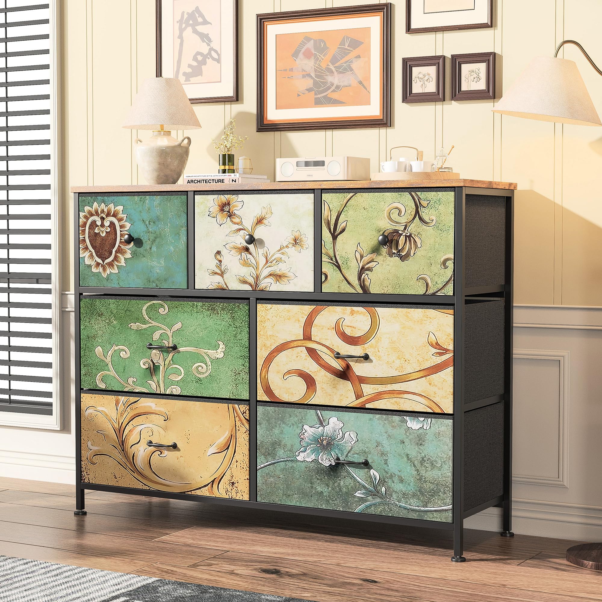 Commode à 7 Tiroirs en Tissu,Commode Chambre Adulte Armoire Tiroirs avec Plateau Bois et Cadre Métal,Meuble de Rangement pour Chambre d’Enfant, Salon et Couloir