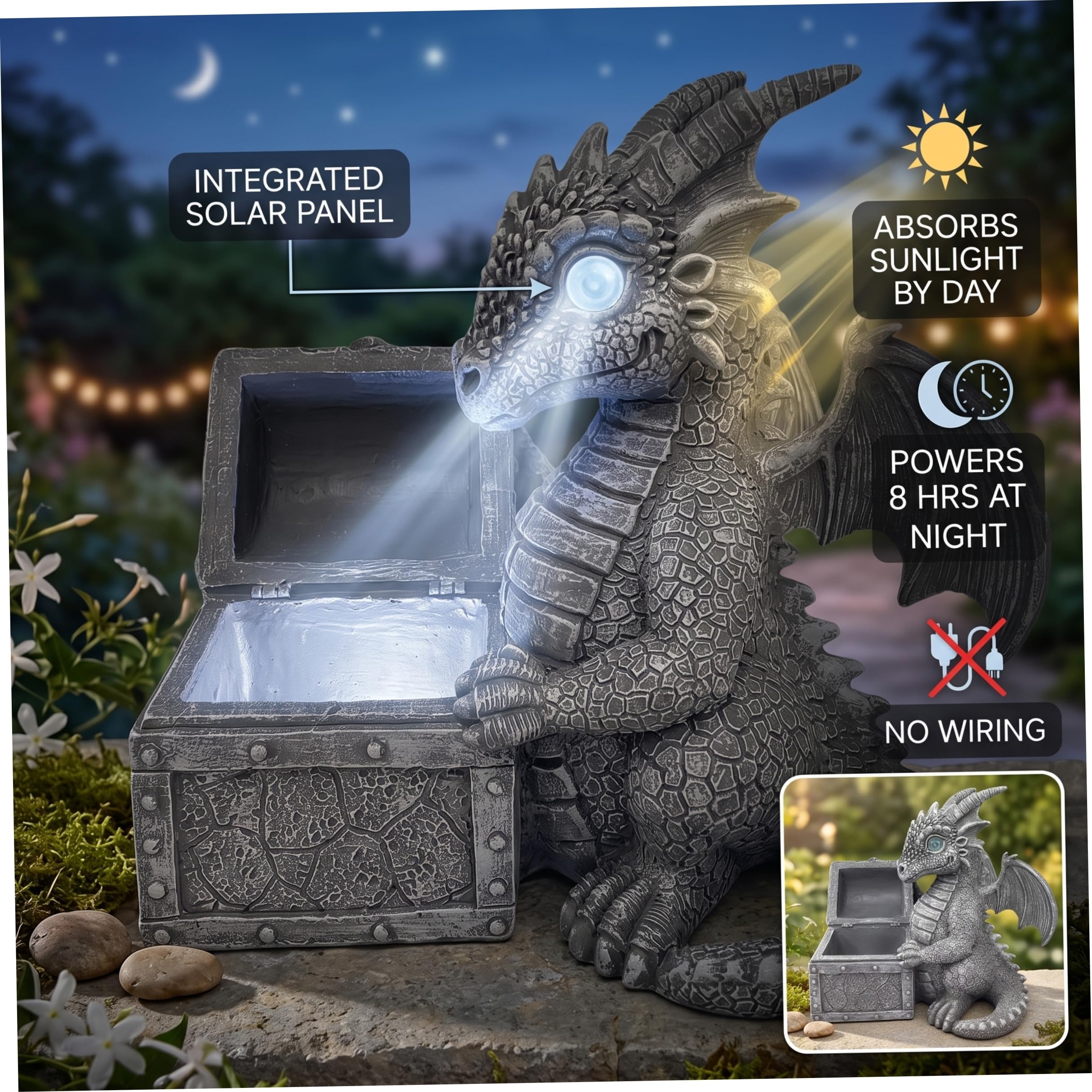 Statua del drago solare – Decorazione da giardino illuminata a energia solare, statuetta di guardia del tesoro in resina realizzata a mano, statue da giardino
