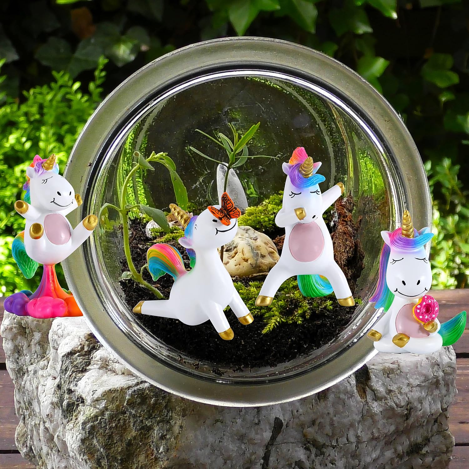 Mood Lab Fairy Garden Figurines - Yoga Unicorn Set (4 pcs) - Miniature Decorative Statues & Accessories - Outdoor & Indoor Garden Decor