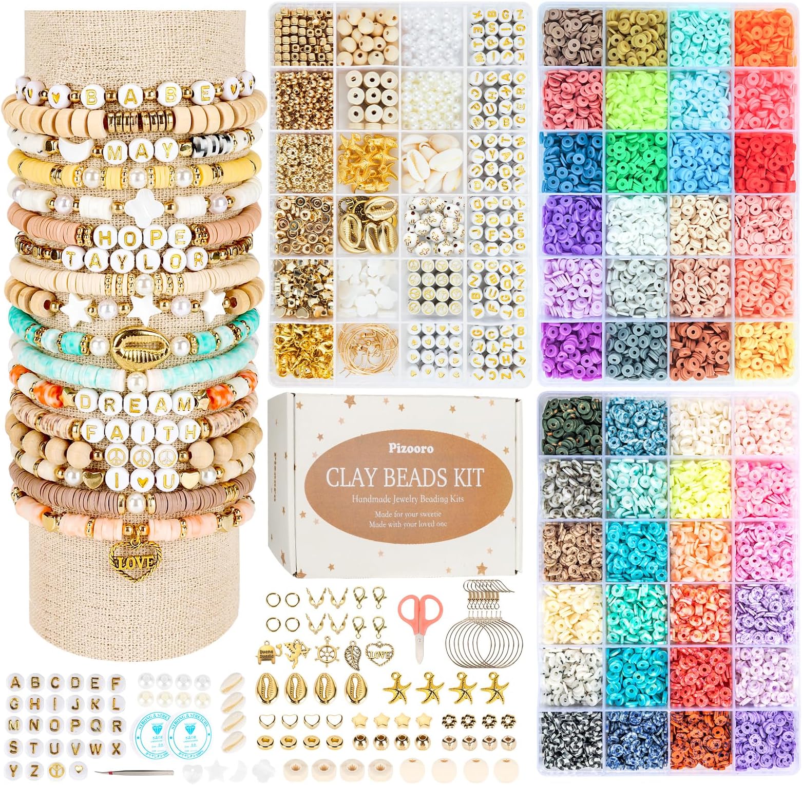 Pizooro Clay Beads 3 Boxes Bracelet Making Kit, 10500pcs Beads for Jewelry Making, Round Letter Beads with Charm and Elastic Strings, Friendship Bracelets Holiday Gifts for Girls Adults