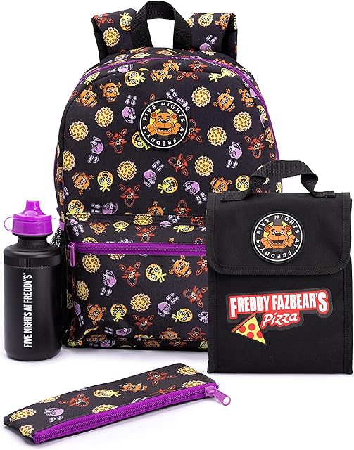 FIVE NIGHTS AT FREDDY'S Backpack Set For Kids | 4 Piece FNAF Nightmare Freddy Chica Foxy Bonnie School Rucksack, Lunch Bag, Pencil Case & Water Bottle