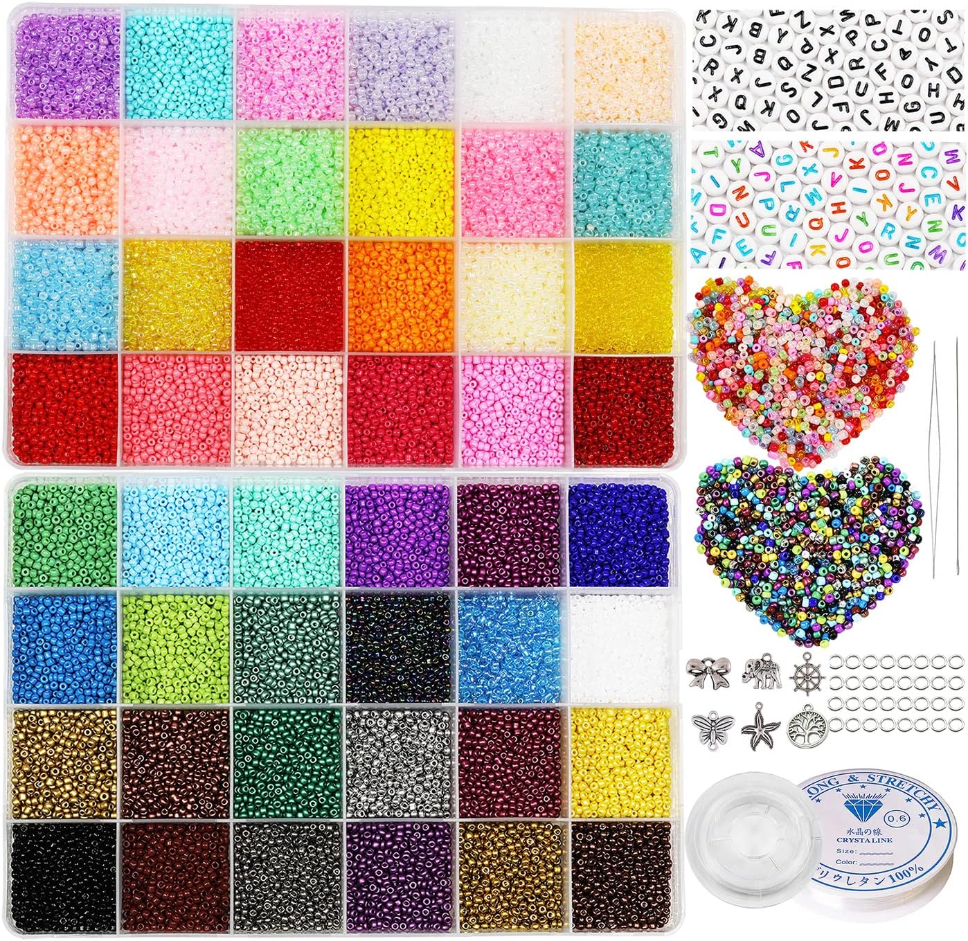 38500 Pcs 2mm Glass Seed Beads Jewelry Making Kit - 260 Alphabet Letter Beads, 48 Colors | Complete DIY Set with Elastic String, Charms & Jump Rings for Bracelets, Crafts & Handmade Art