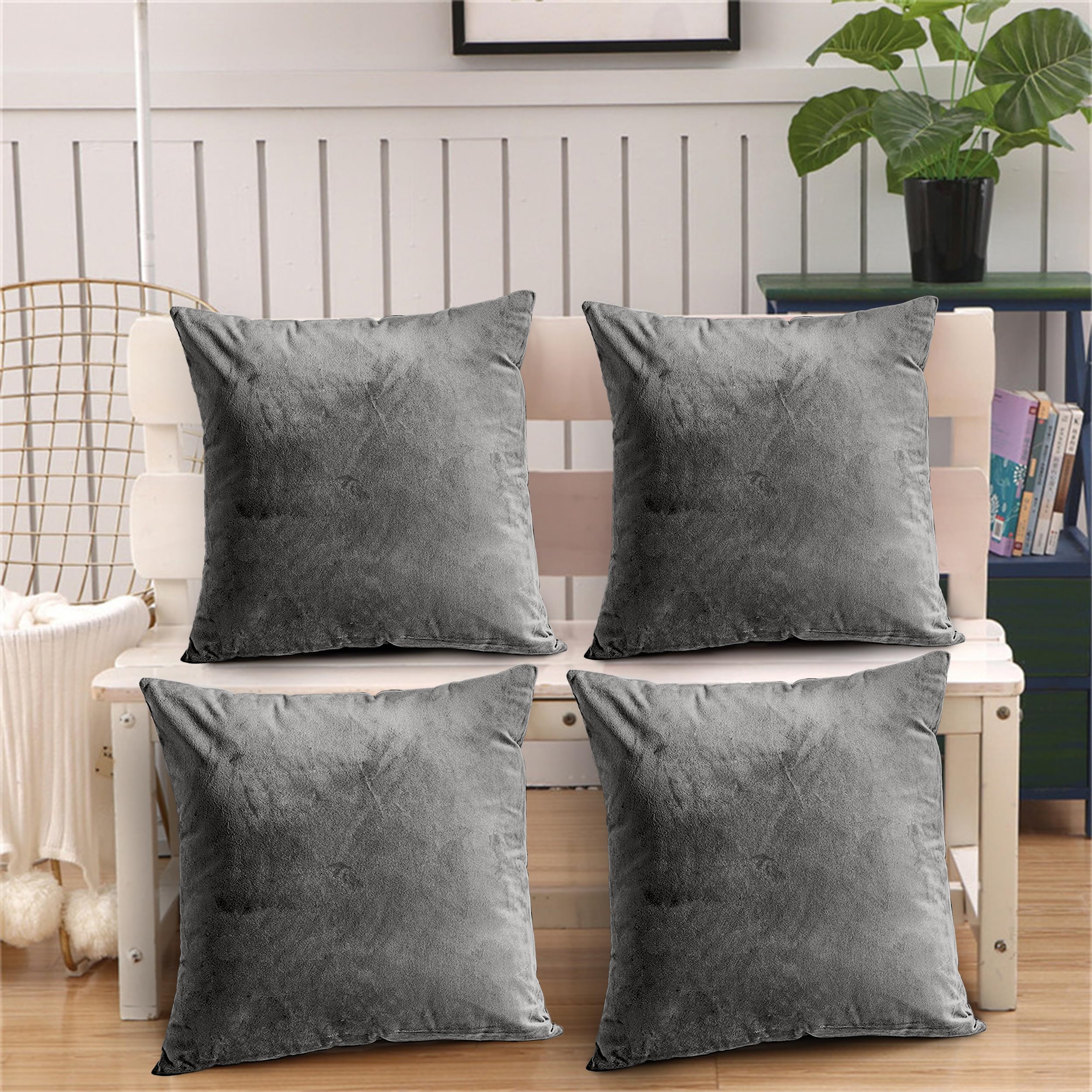 Oxford Homeware Grey Cushion Covers 45 X 45 Cm (Pack Of 4) Decorative Velvet Cushions Cover For Living Room Sofa Bedroom With Invisible Zipper, 18 X 18 Inches