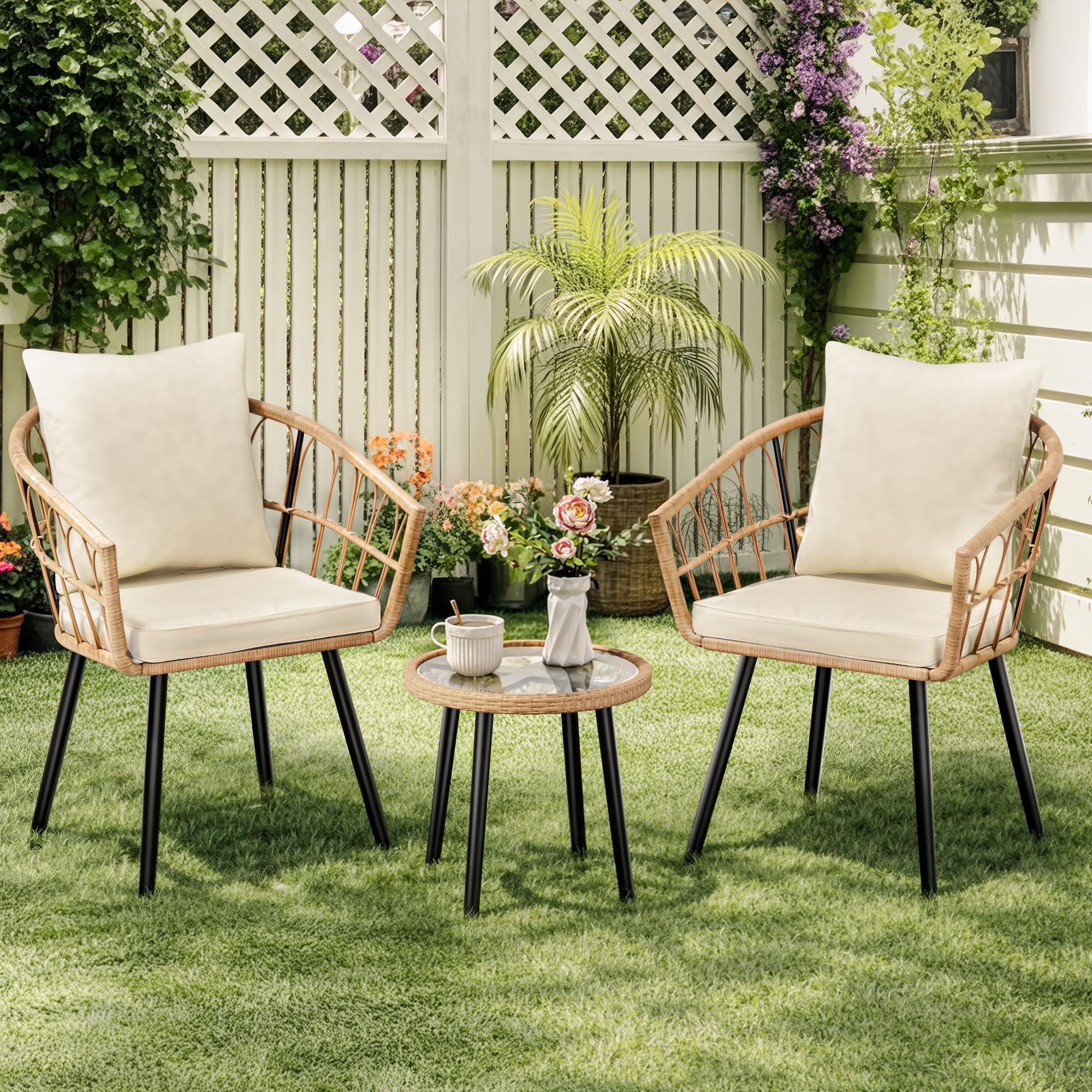 Pamapic Salon de Jardin 3 Pièces Ensemble Meubles de Jardin en Rotin avec Table Ronde et 2 Chaises