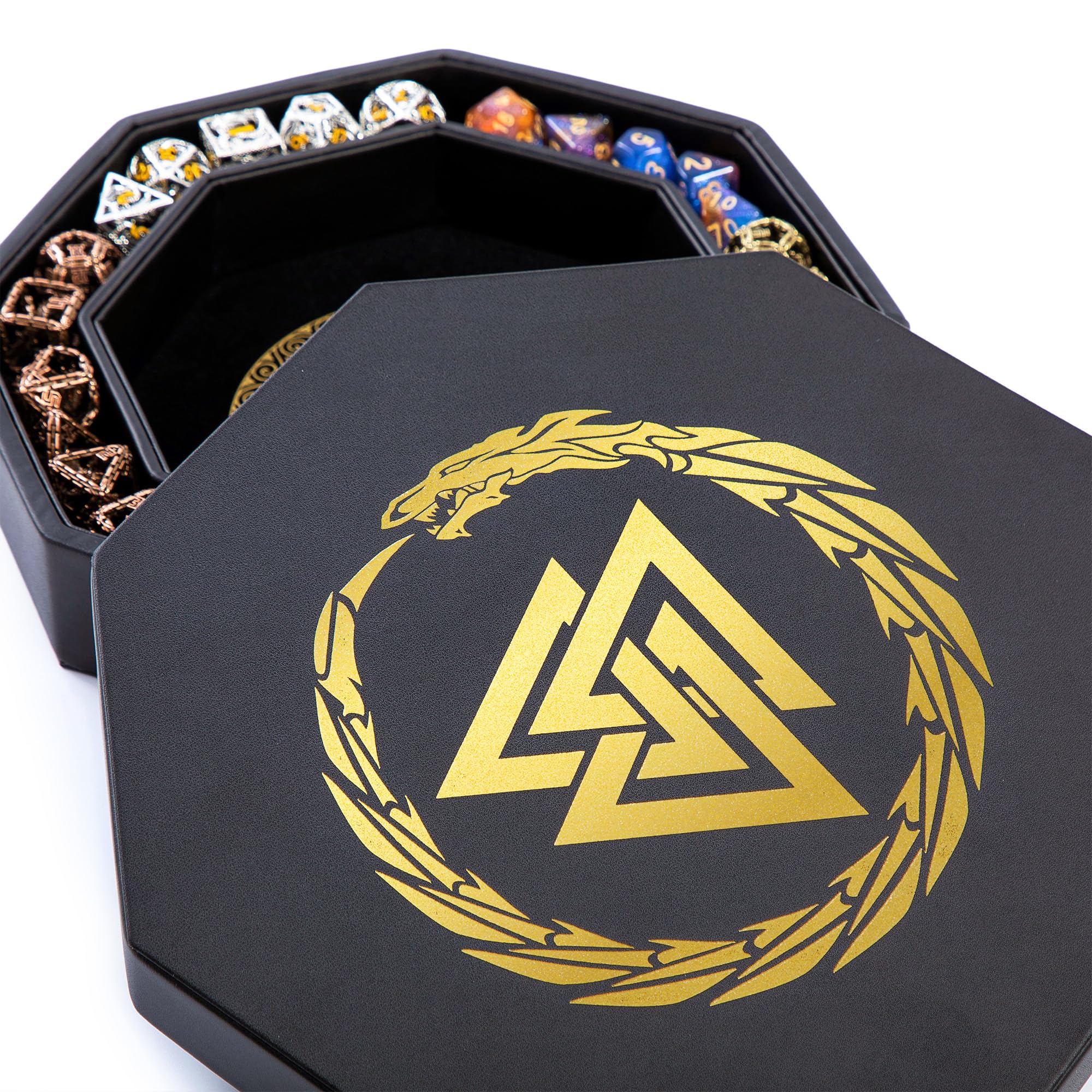 Soar Forge Gold Valknut Dragon Dice Tray For Dnd And Rpg - Beautiful Valknut And Dragon 8 Inch Rolling Dice Tray Compatible With Dungeons And Dragons And Tabletop Rpgs - Box Storage To Protect Dice