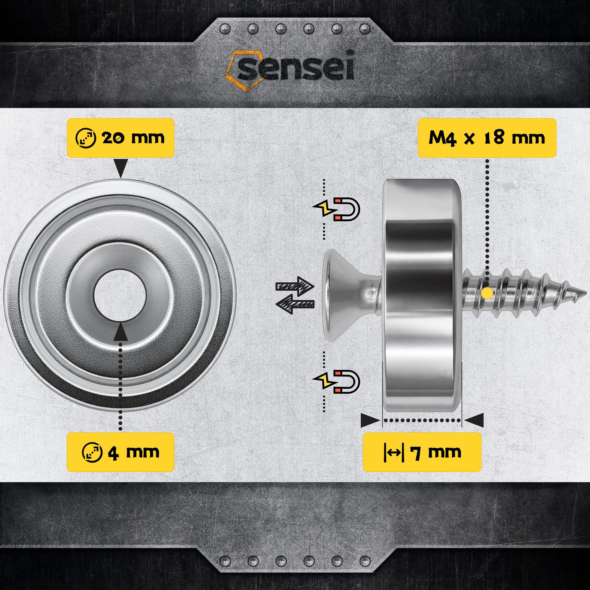 SENSEI Magnete Potente da Avvitare (20x7 mm, 12 kg) – Calamite Potenti Industriali per Garage e Attrezzi – con Viti – Set da 8