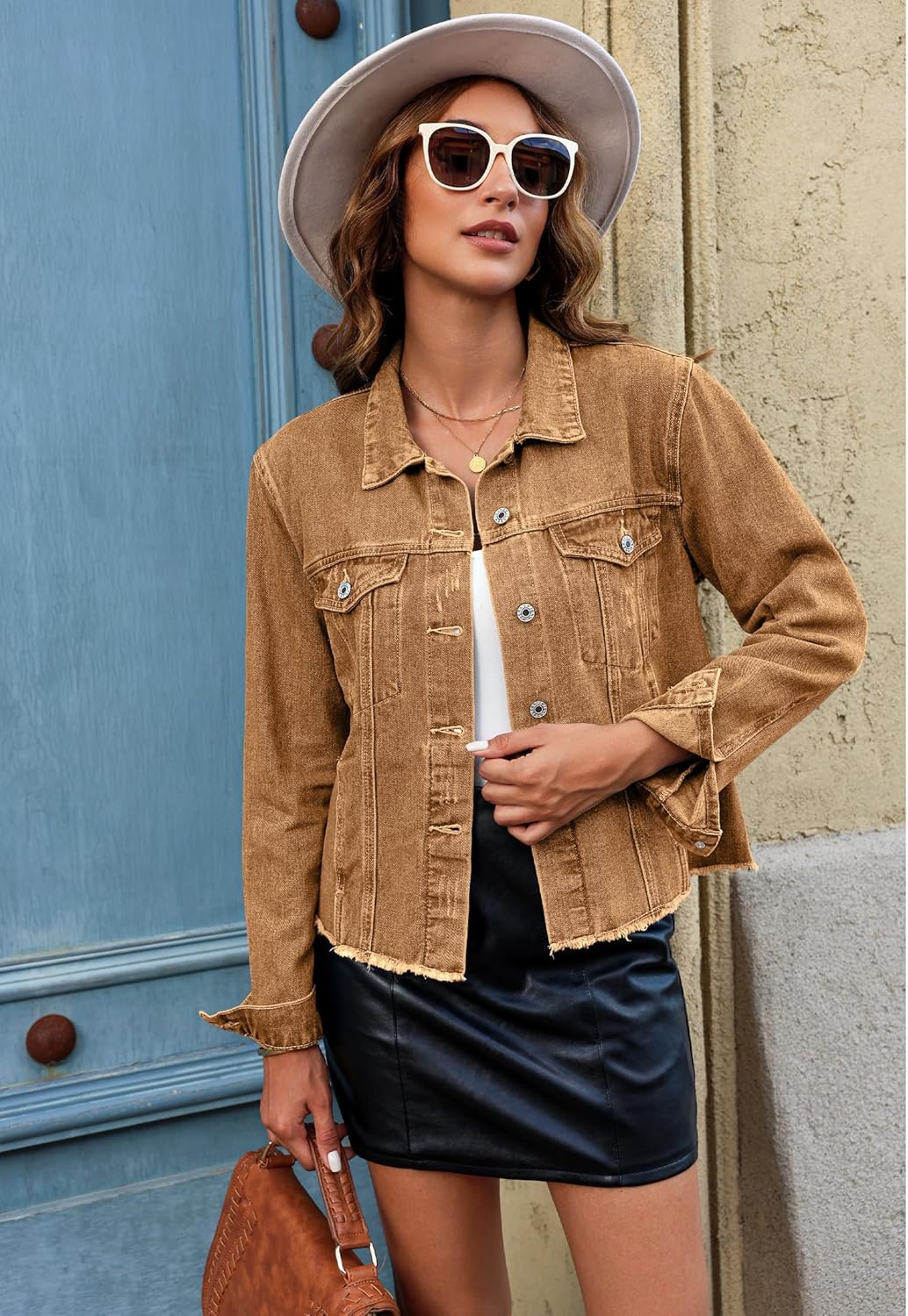 luvamia Denim Jacket for Women Distressed Jean Jackets Button Up Vintage Western Trucker Jacket Frayed Hem Pockets - Image 8