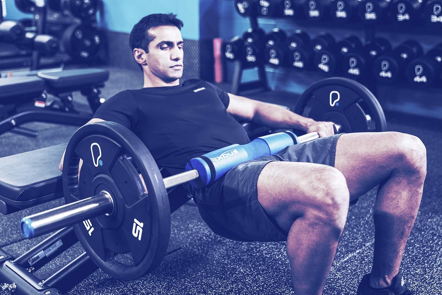 EXOUS BODYGEAR Barbell Pad Squat Bar Foam Neck Cushion - for Hip Thrusts - Fits Olympic Weight Lifting Bar - Fixing Straps for Non Slip Fit (Cool Blue)