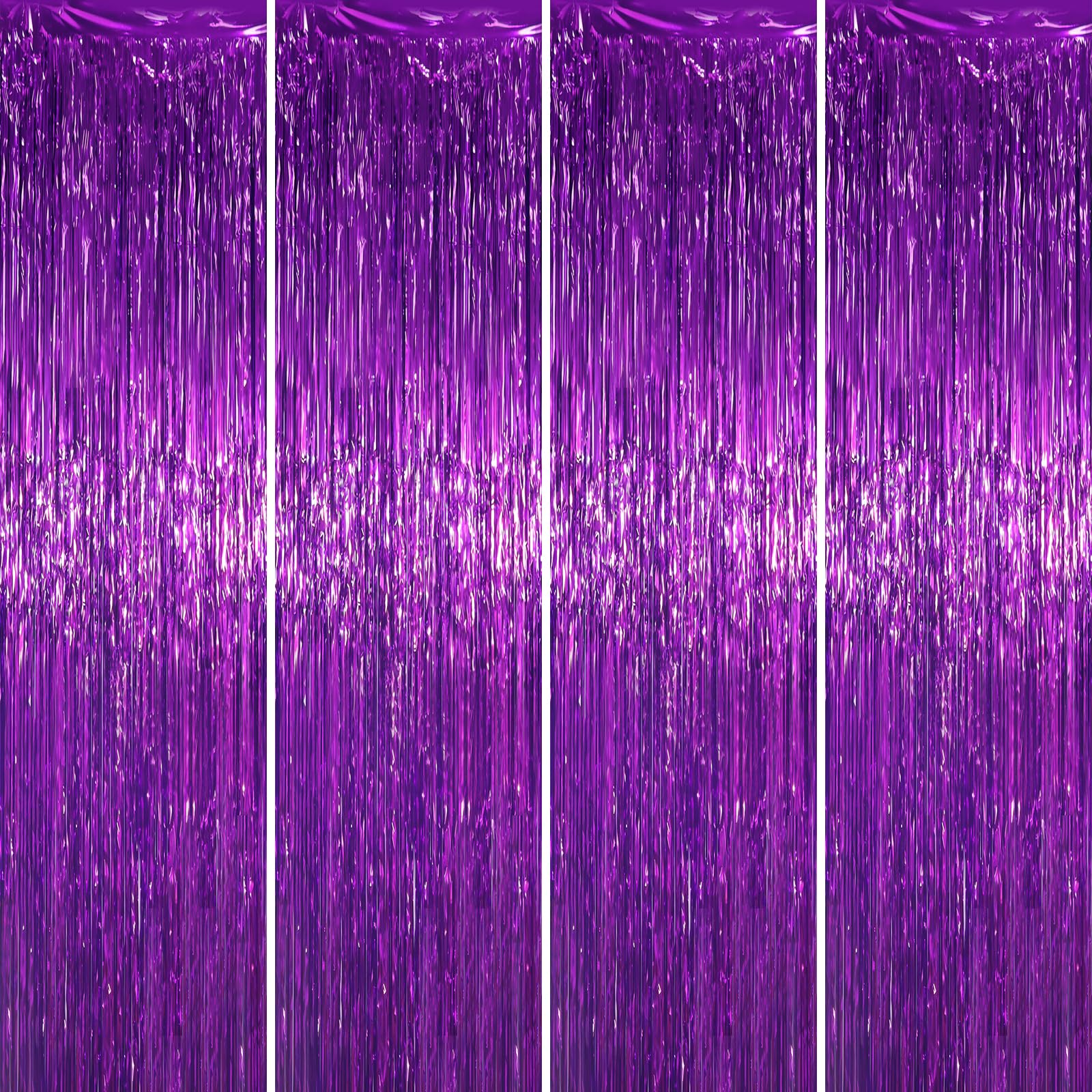 Voircoloria 4 Pack Purple Foil Fringe Backdrop Curtains, 3.3x8.2Ft