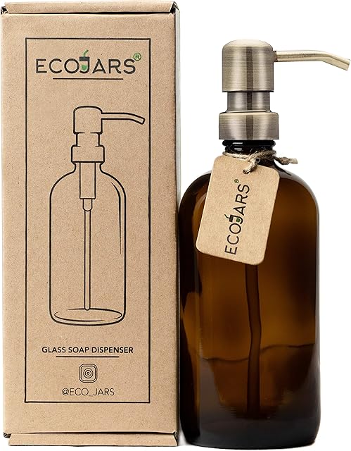 Antique Brass Soap Dispenser Stainless Steel , with Amber Glass Jar, BPA Free, Eco Friendly, 500ml, Housewarming Gift Box