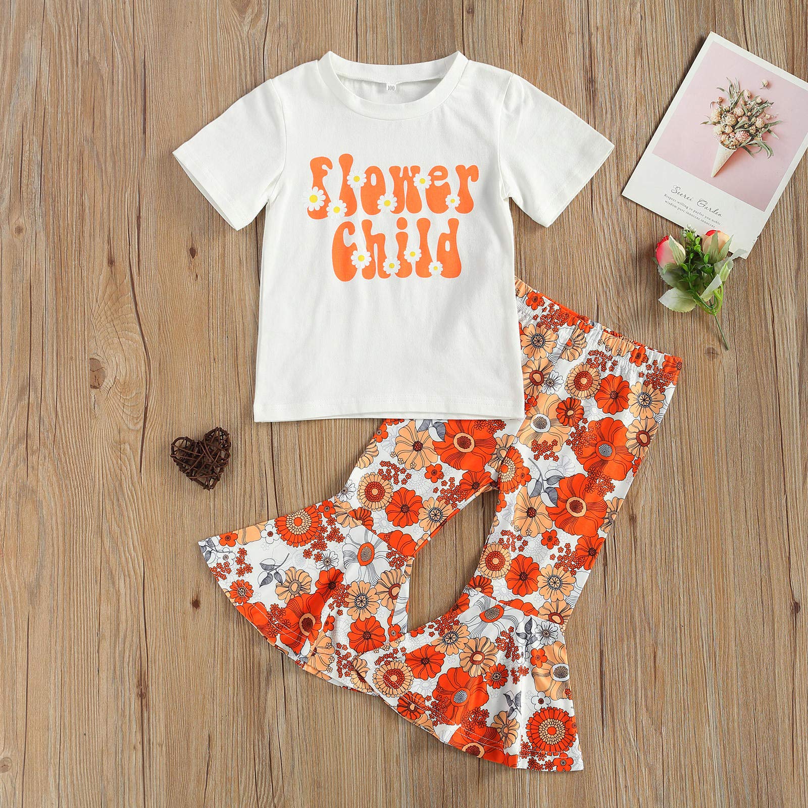 Xiaodriceee Toddler Baby Girl Short Sleeve Letter Print T-Shirt Top Floral Bell Bottom Pants 2Pcs Spring Summer Outfit (2-3T,White Floral)