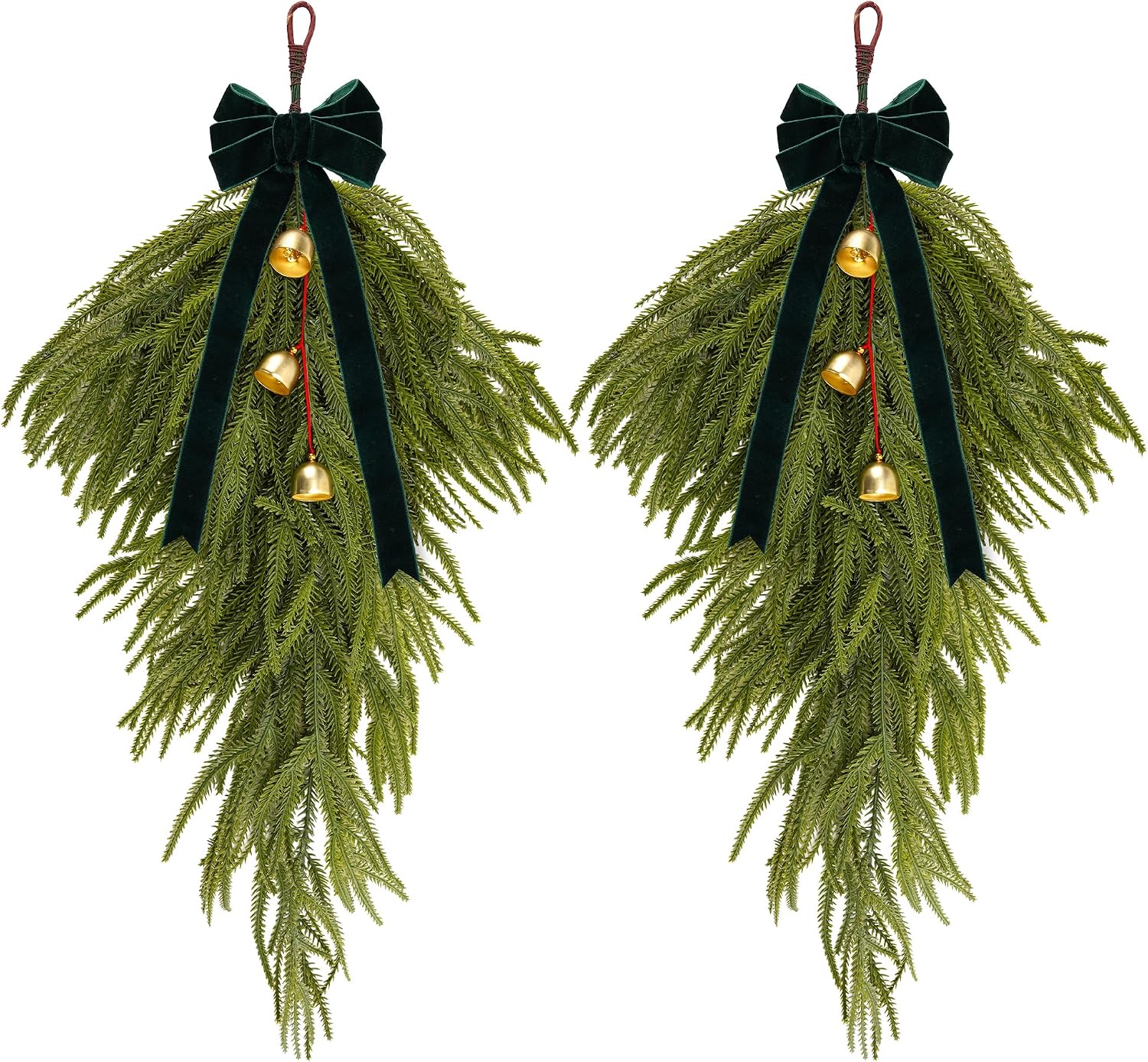 2 Pcs Christmas Teardrop Swag 24" Extra Norfolk Pine Swag with Bell Velvet Bow Teardrop Wreath for Rustic Door Window Mantle Fireplace Wall Indoor Outdoor Home Decor (Green)