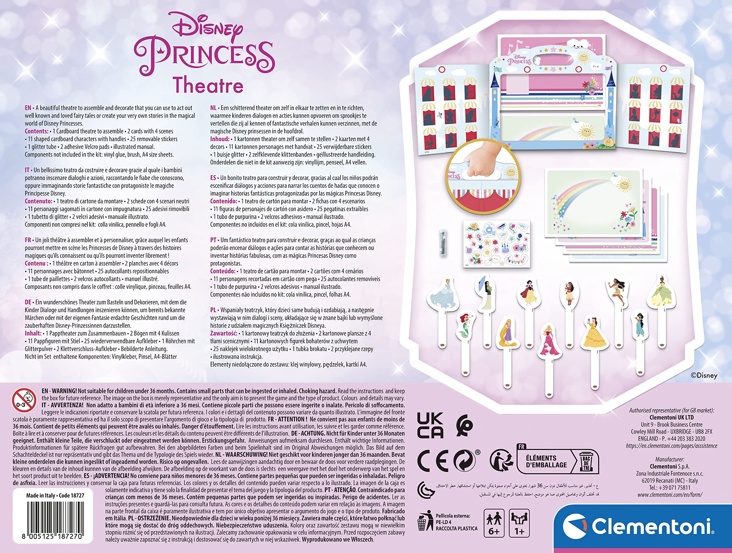 Clementoni - 18727 - Disney Princess Theatre - Teatrino in Cartone da Costruire, con Principesse Disney, per Inventare Storie, Gioco Creativo Bambina 7 Anni - Made in Italy