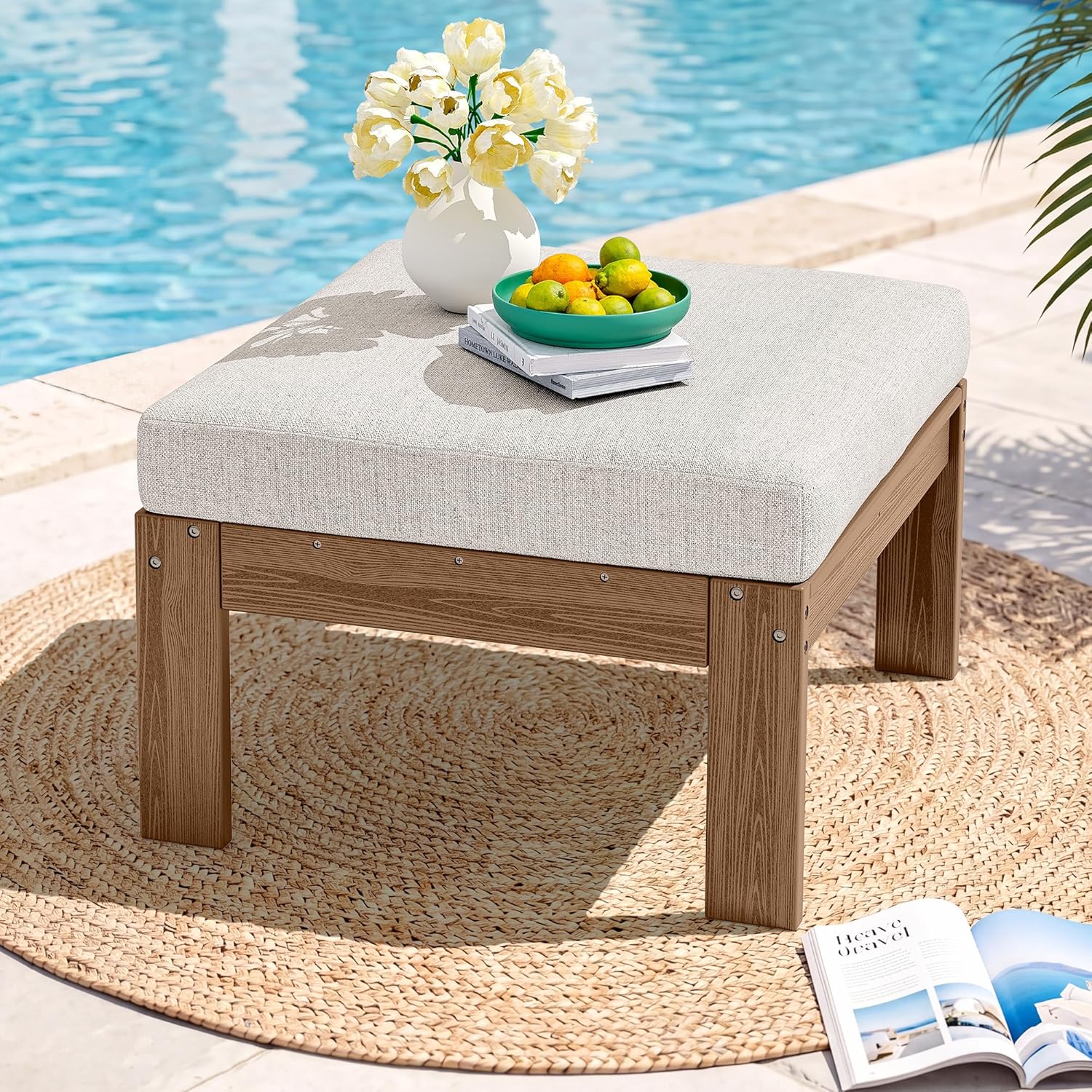 SERWALL Outdoor Ottoman with Cushions for Sofa Set, Brown HDPE Frame with Beige Cushions