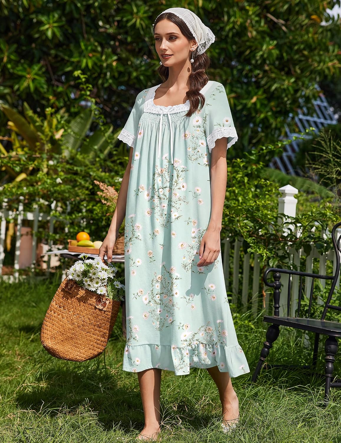 Ekouaer Cotton Nightgowns for Women Vintage Victorian Nightgown Short Sleeve Lace Night Gown Long Nightdress Soft Nightshirt
