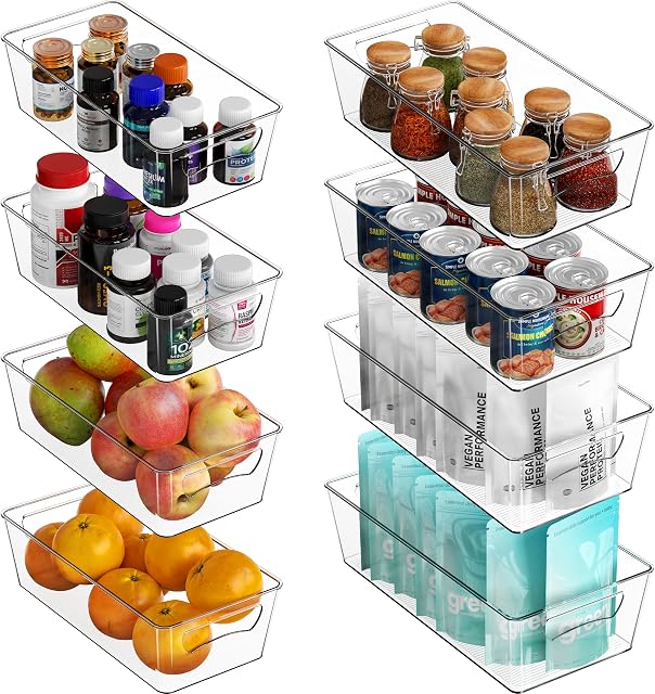 Simple Houseware Clear Bins for Freezer and Kitchen Pantry Organizer, 8 Packs (4 Medium, 4 Large) | Large 14 x 7 x 3.75 in. | Medium 12 x 6.2 x 3.4 in.