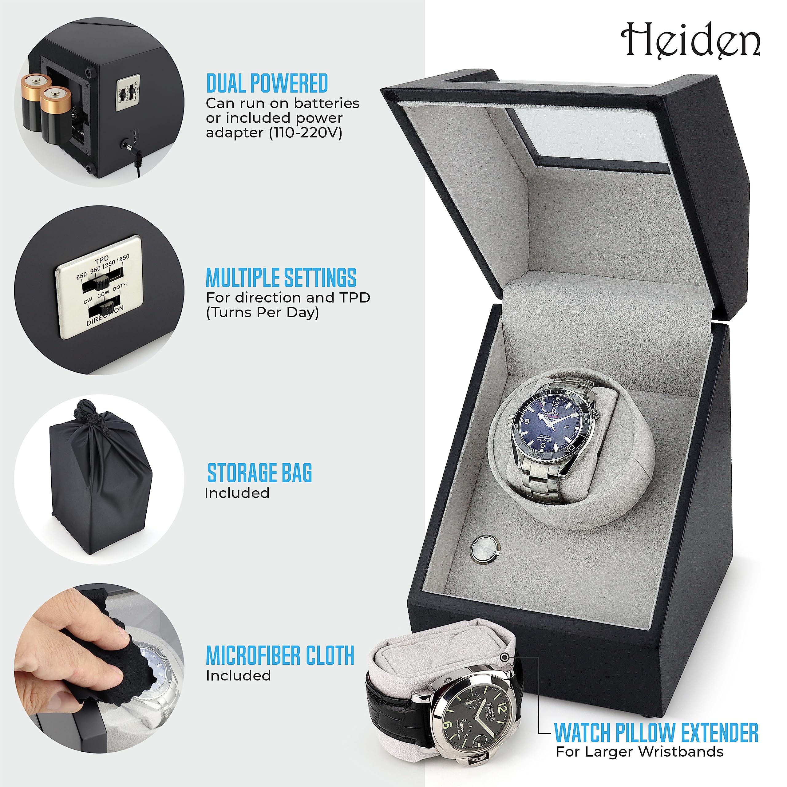 Heiden Watch Winder Single Watch Winders - Japanese Motor - AC Adapter Included - Can Run on Batteries - 12 Multiple Settings - Zero Magnetization Automatic Watch Winder for Rolex