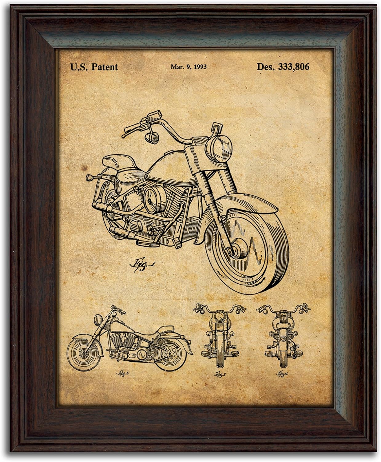 Personal-Prints | Harley Davidson Vintage Style US Patent Prints | Framed Behind Acrylic Motorcycle Wall Art (1993 - Harley Motorcycle)