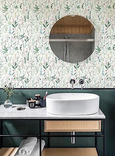 Miniatura 2 de JiffDiff Papel tapiz floral de 17.3'' x 236.2'' para despegar y pegar, papel tapiz de vinilo, papel tapiz de flores de acuarela, vinilo vintage para