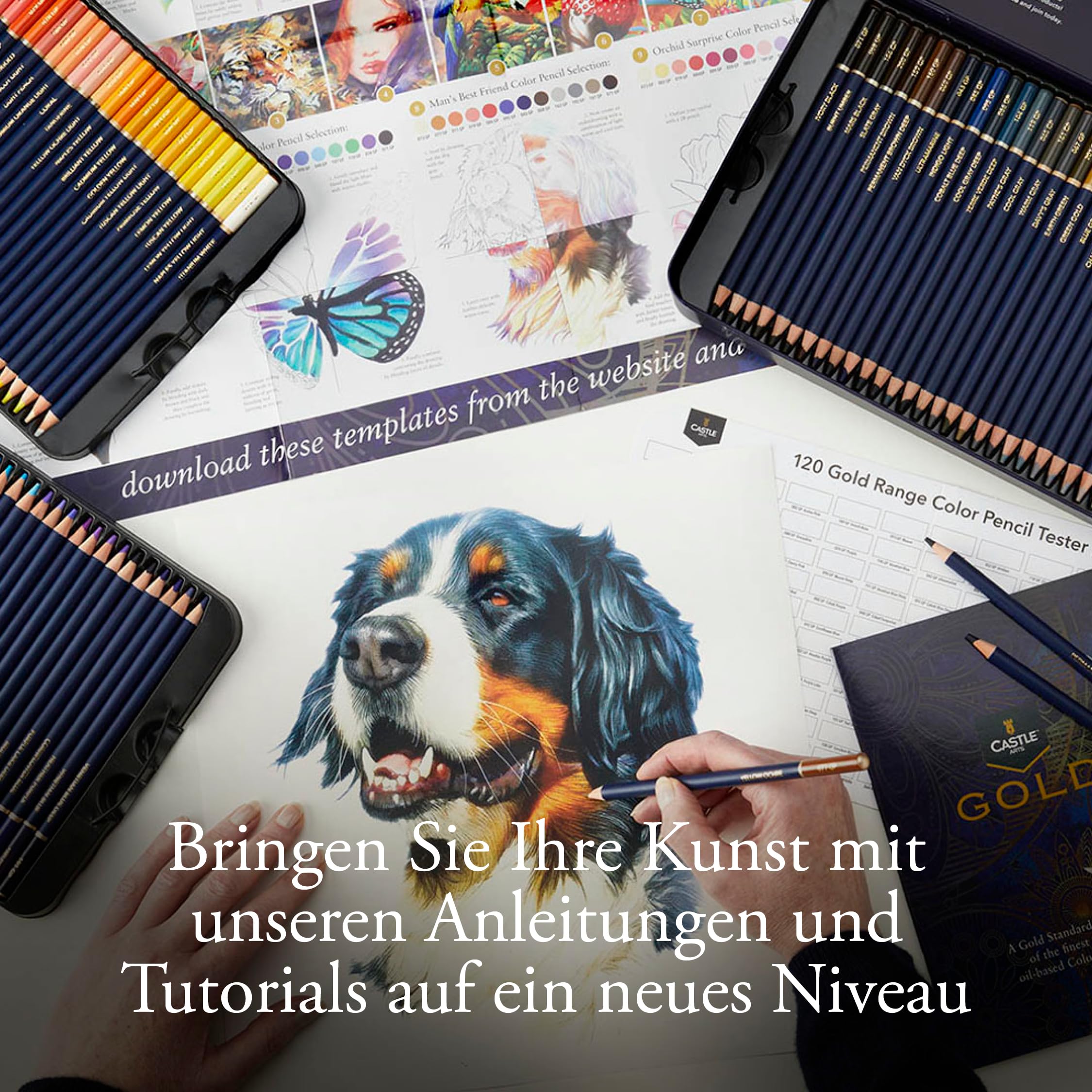 Castle Art Supplies 120 Buntstifte-Set (Gold-Standard) | Hochwertige Farbkerne auf Ölbasis, spitzer & widerstandsfähiger gegen Bruch | Für erfahrene Künstler, Farbkünstler | Präsentationsbox aus Blech