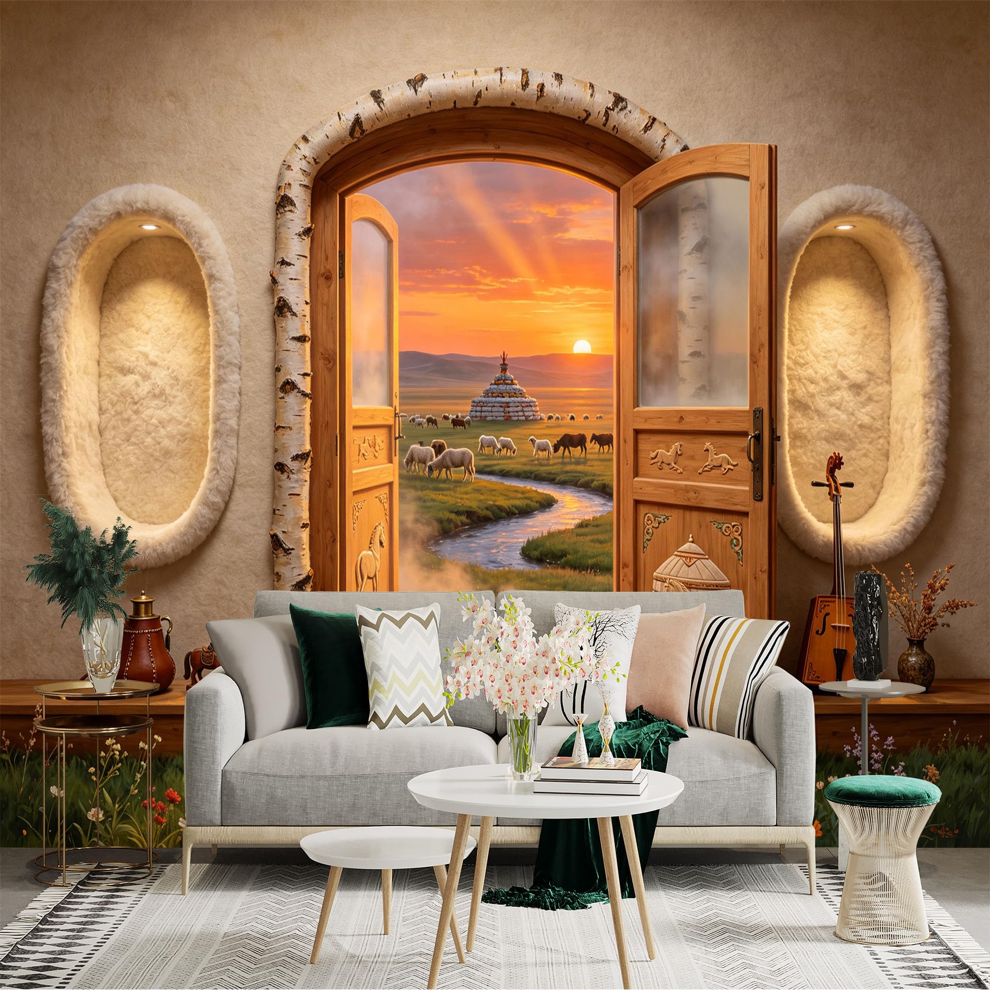 Custom Size Wall Sticker Mural， Rustic Wooden Window， Sunset Meadow， Sheep Pasture， Countryside Landscape， for wall Decoration， peelandstick wall Decals.