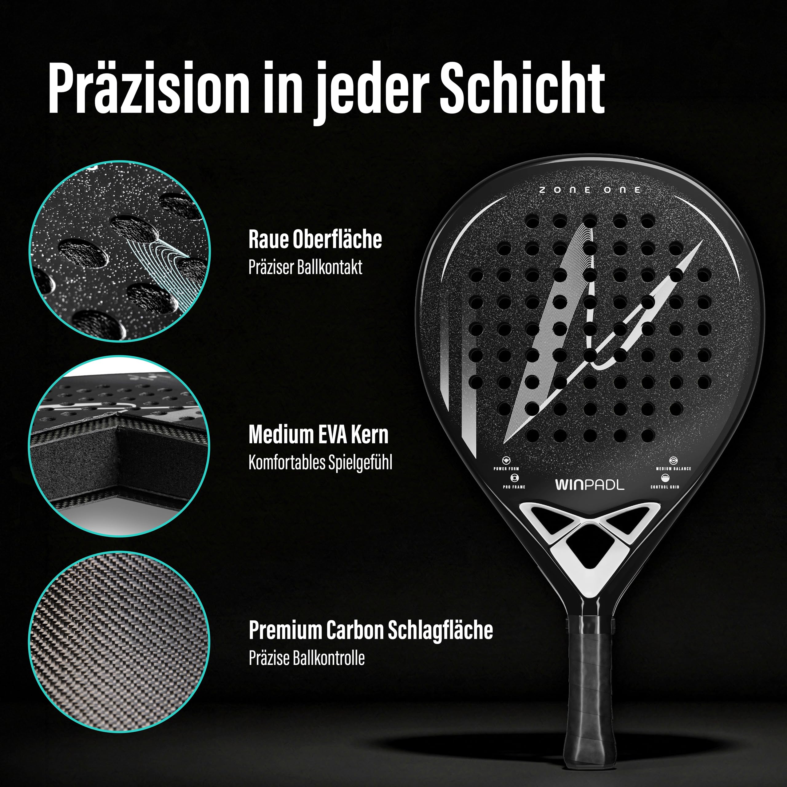 Zone One Carbonfaser Padelschläger 365 g Tropfenform raue Schlagfläche