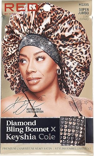 Miniatura 5 de Red by Kiss Gorro de dormir sedoso con borde ancho, diseño de diamante, sin encrespamiento de Keyshia Cole, súper Jumbo (leopardo de lujo), Luxe