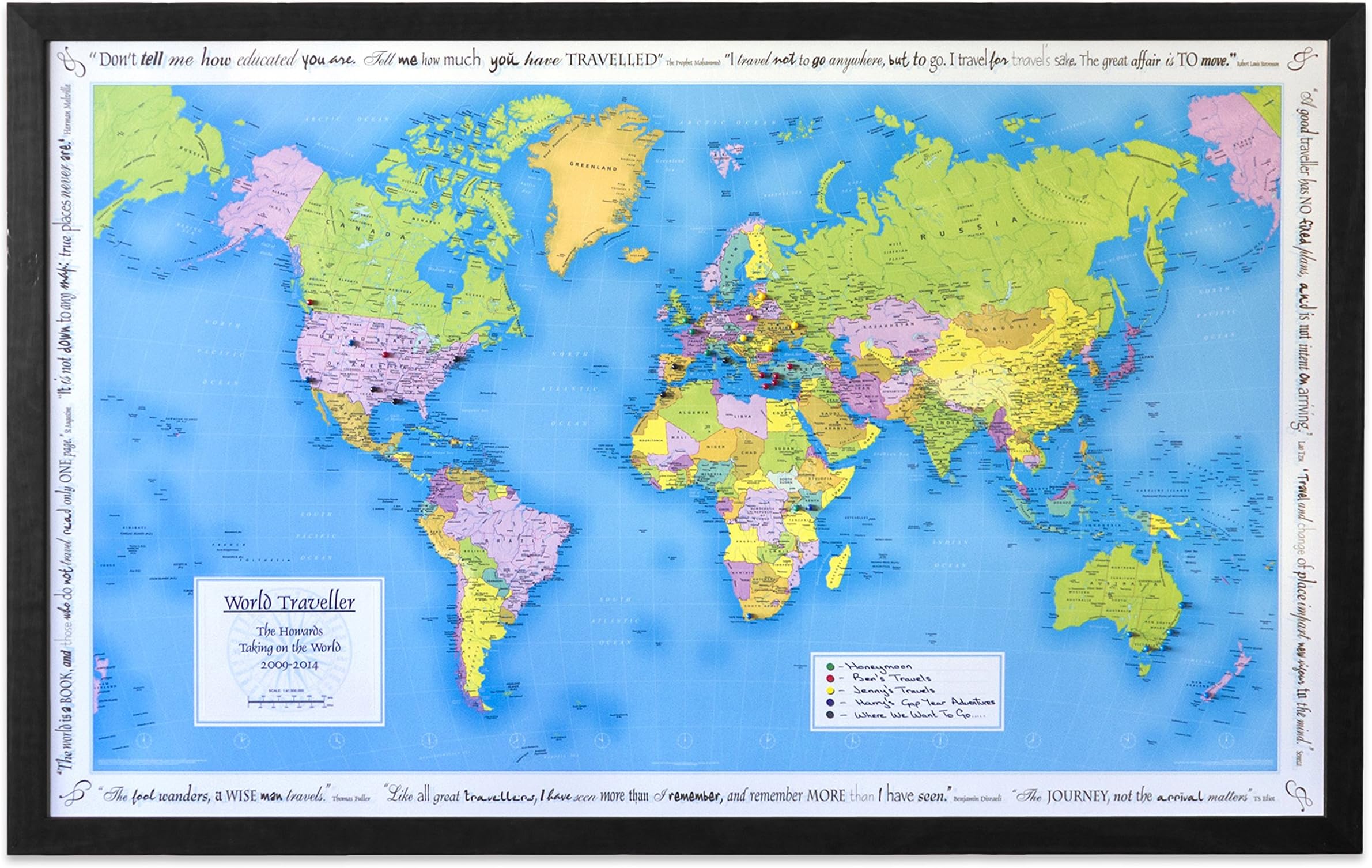 Personalised Pin Board World Map - Made Of Composite With Frame 105 X 67cm - With 100 Pins - Huge World Map Poster With Pinboard (Black Wood Frame) - Unique Gift for Globetrotters