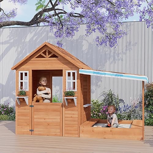 Miniatura 7 de BIRASIL Casa de juegos para niños con caja de arena, casa de juegos de madera al aire libre con hoyo de arena para patio trasero jardín de 3 a 10