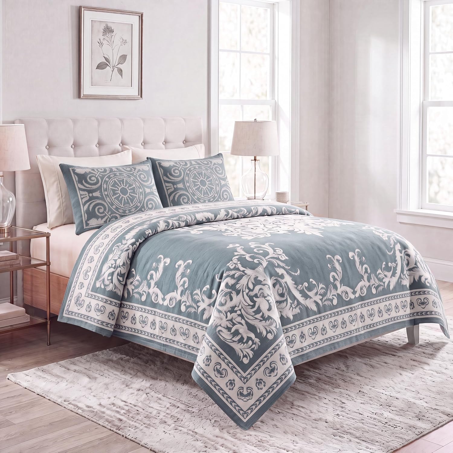 SUPERIOR Cotton Blend Bedspread, Medallion Bedding, Full, Cerulean Blue image 2