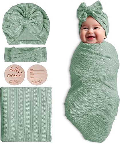 Golener Mantas de muselina para envolver al bebé, con cintas con moño para la cabeza y set de sombreros y tarjeta de anuncio de nombre de recién