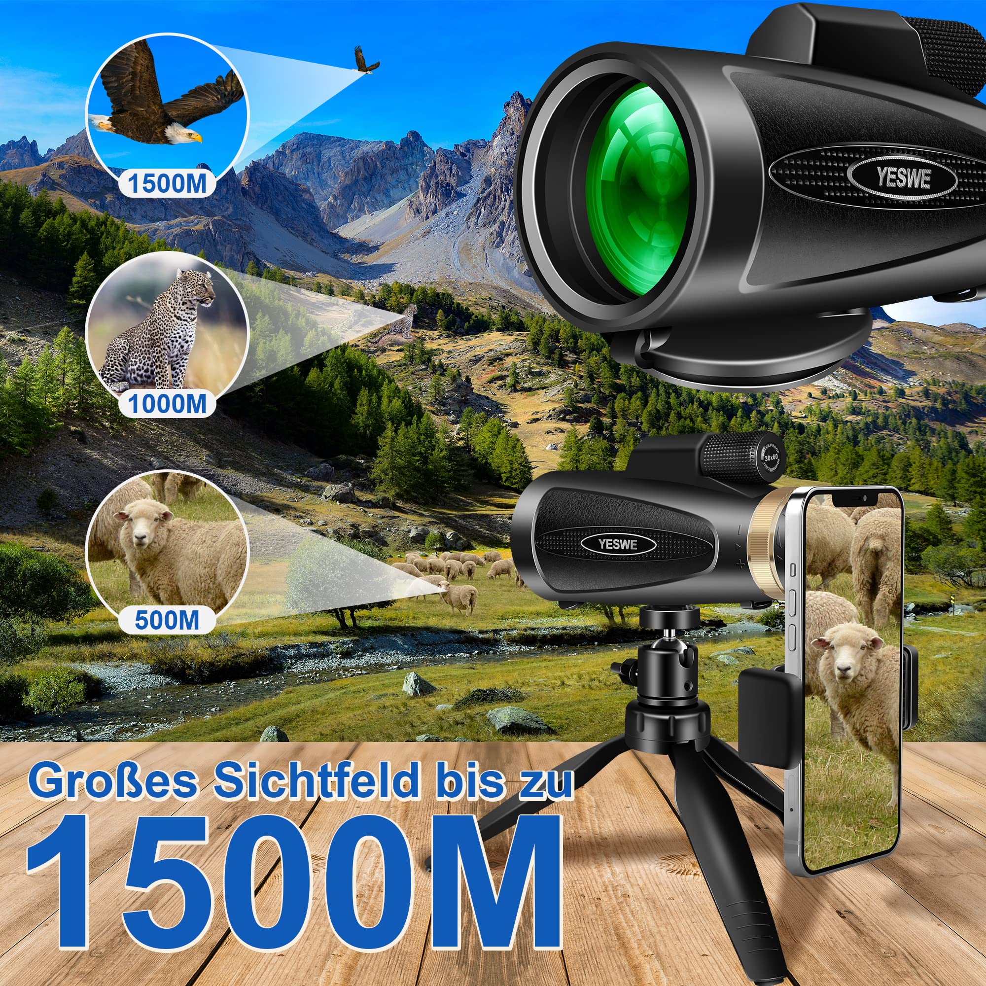 30X40 HD Télescope Monoculaire, HD Étanche BAK4 Prisme Monoculaire Téléscope avec Interface