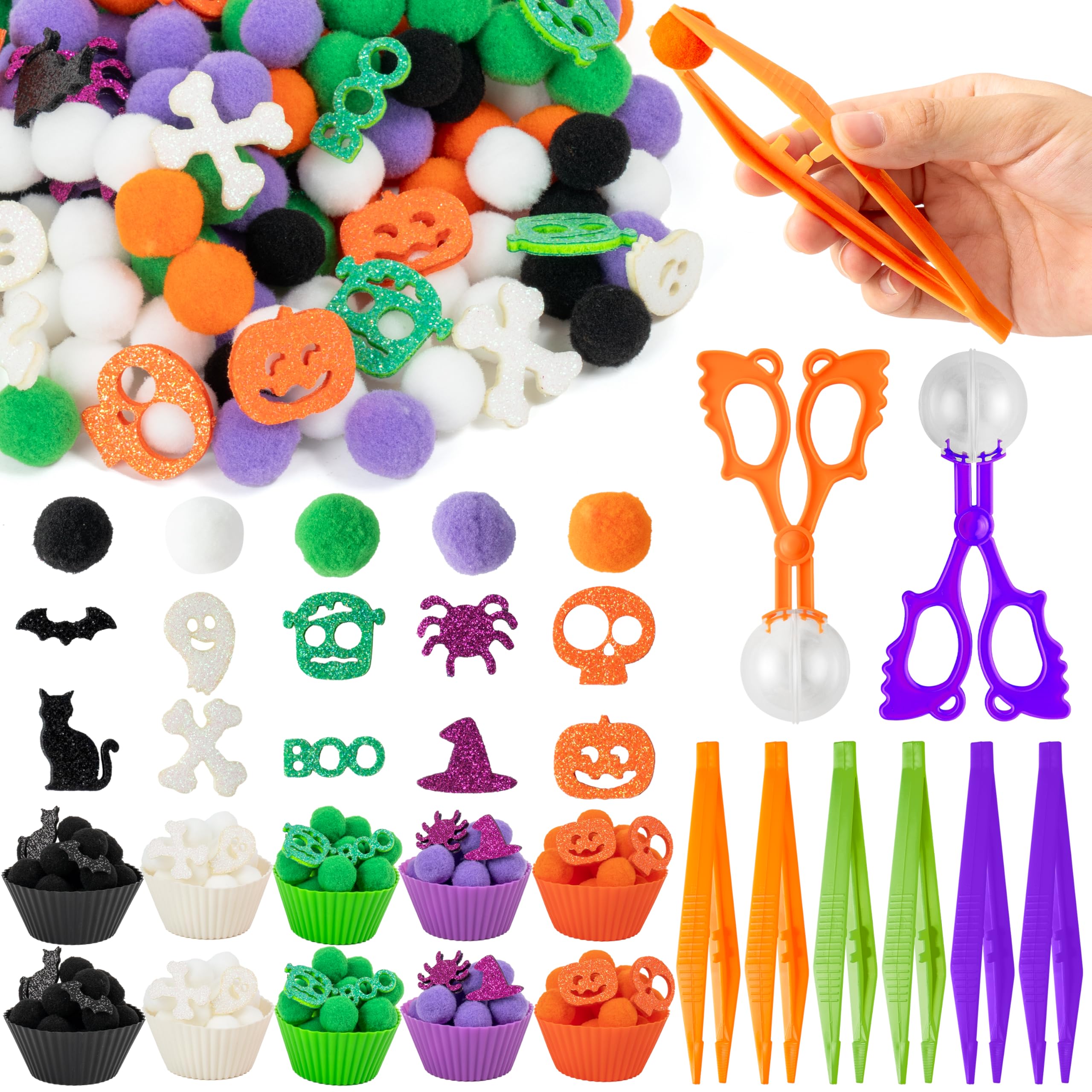 EZdhuawuse Halloween Sensory Bin Fillers - 269P Halloween Fine Motor Toys Sorting Stacking Toys for Kids, Glitter Felt Pumpkin Black Cat Hat Pom Poms for Preschool Education Early Development Activity