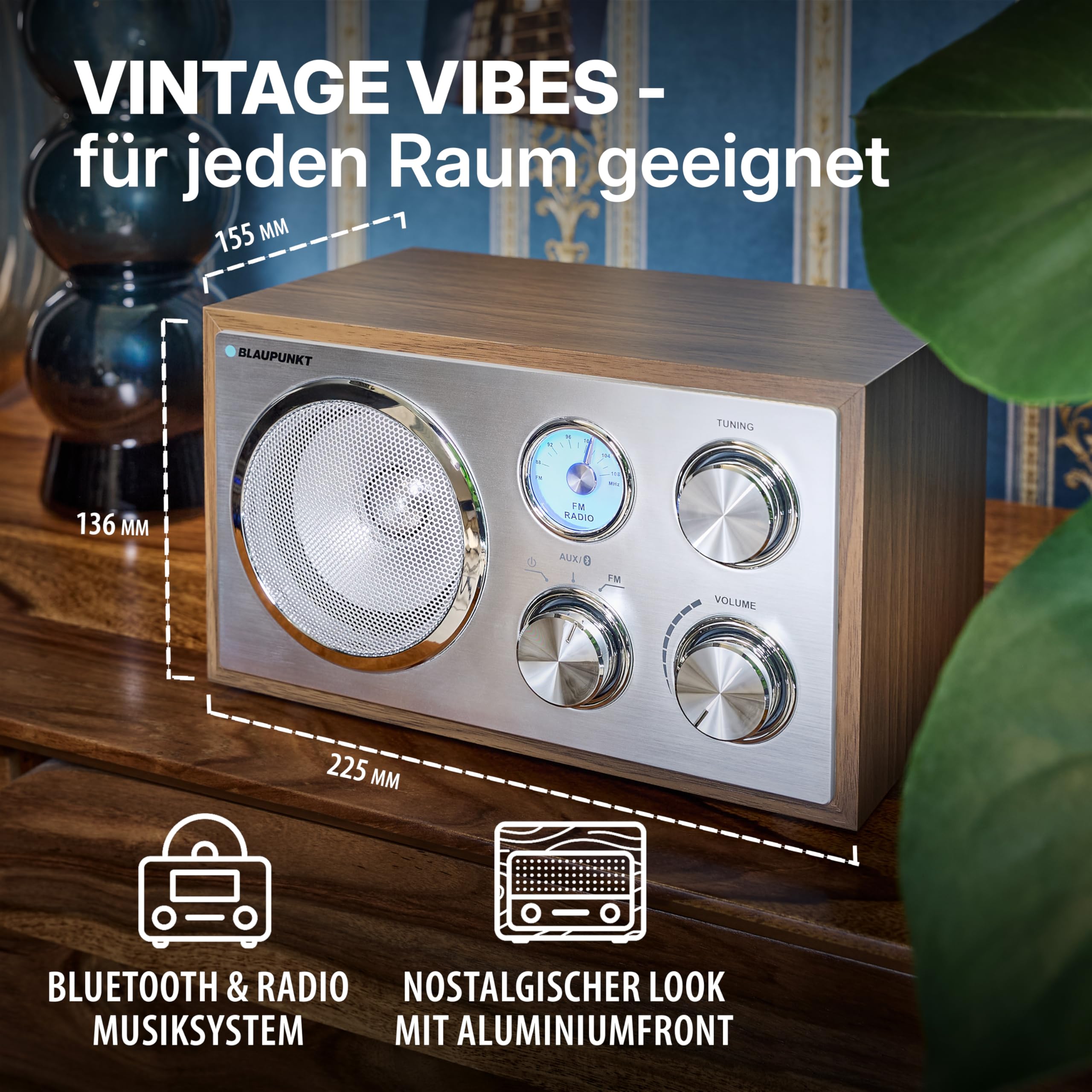 Blaupunkt RXN 180 Nostalgieradio in zeitlosem Holz-Design, mit PLL-UKW-FM-Radio, Bluetooth, AUX-IN, einfache Bedienung, hochwertige Drehregler & Holzkorpus für kraftvollen Klang, Walnuss