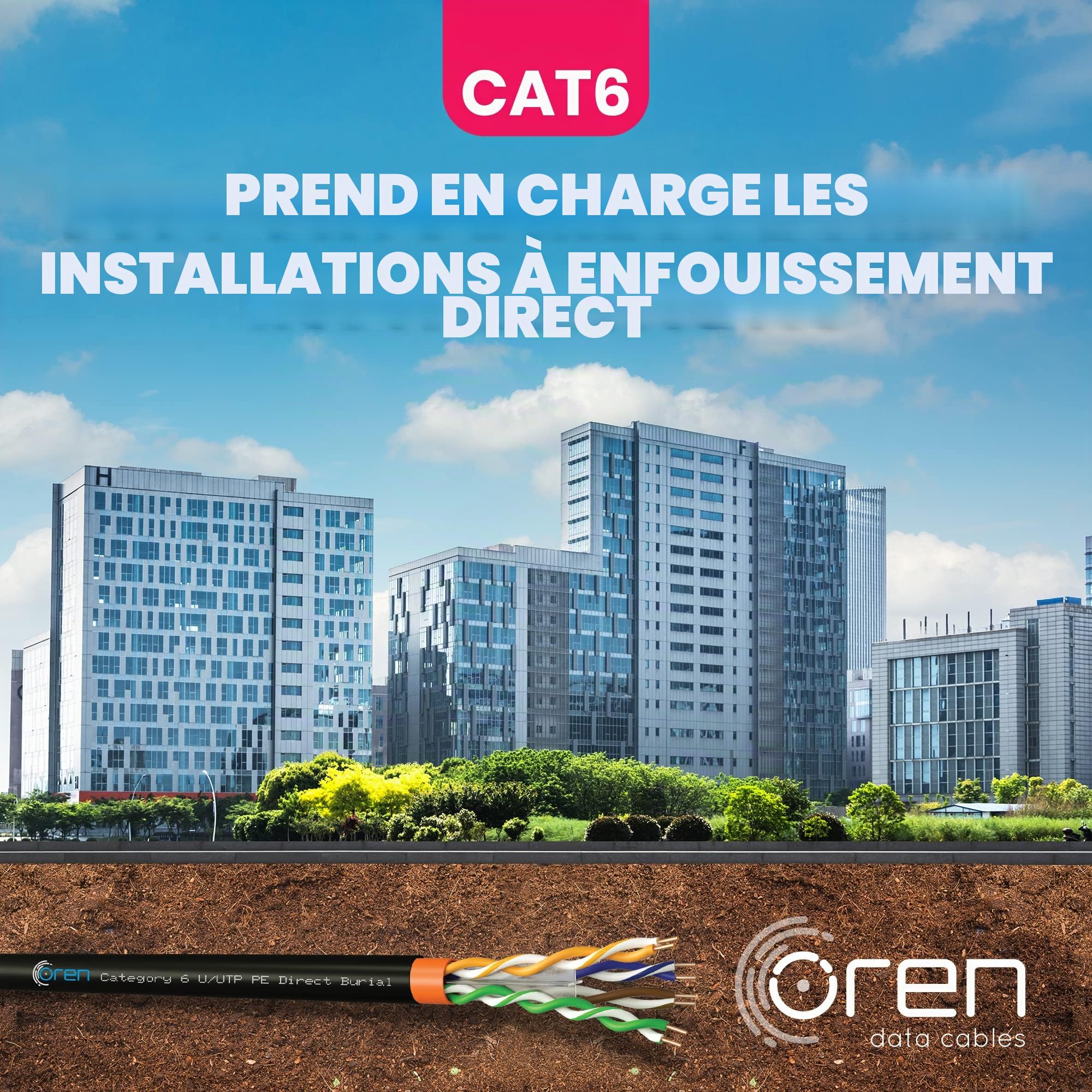 Oren CAT6 50m Câble Ethernet extérieur - Enfouissement direct - Câble en cuivre pur 23 AWG - Bande passante de 400 MHz Câble réseau LAN Internet UTP - Sans halogène, sans corrosion - Gigabit