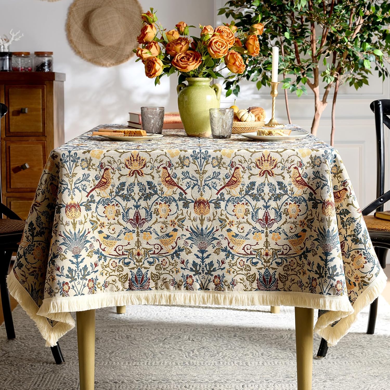 Farmhouse Floral Rectangle Tablecloth Vintage Flower Print Table Cloth with Tassel Rustic French Embroidered Boho Tablecloths Durable Outdoor Table Cover for Kitchen,Dining Room,55 x 102 Inch,Cream