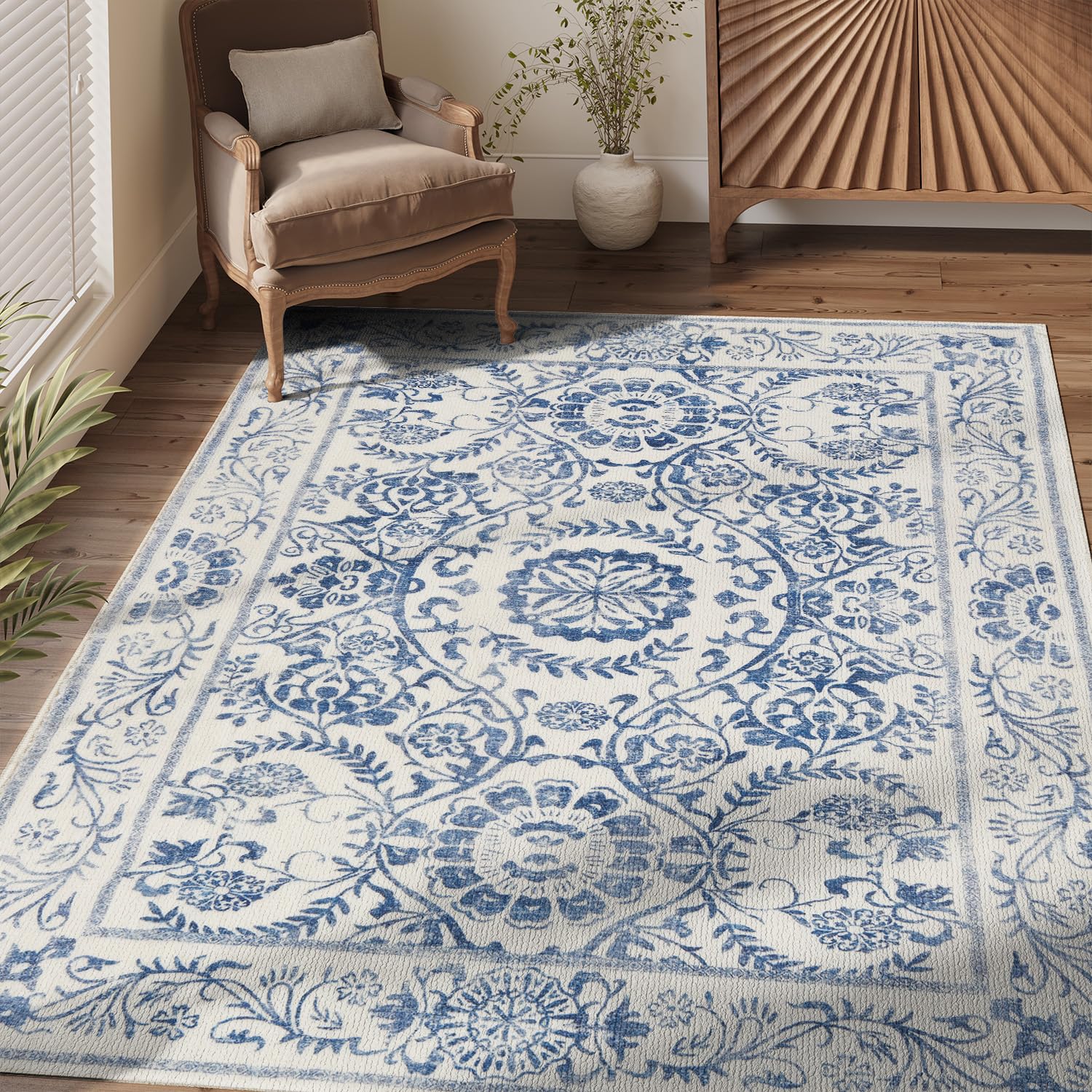 jinchan Area Rug 4x6 Floral Rug Washable Rug Vintage Rug Non Slip Accent Rug indoor Retro Floor Cover Boho Soft Rug Carpet Kitchen Living Room Bedroom Dining Room Blue