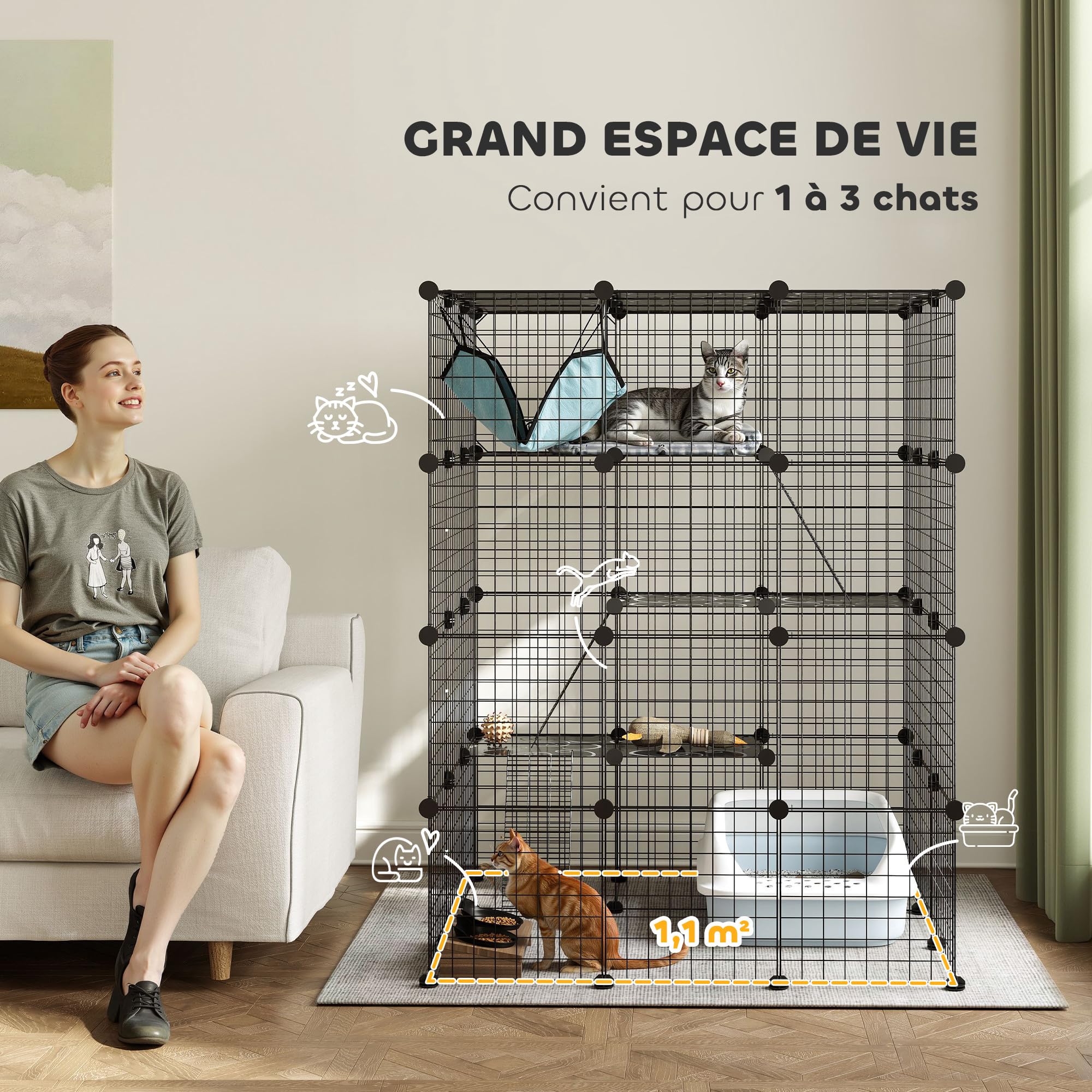 PawHut Clôture pour Animaux domestiques, enclos Lapin intérieur 4 Niveaux, 105 x 105 x 140 cm, Noir