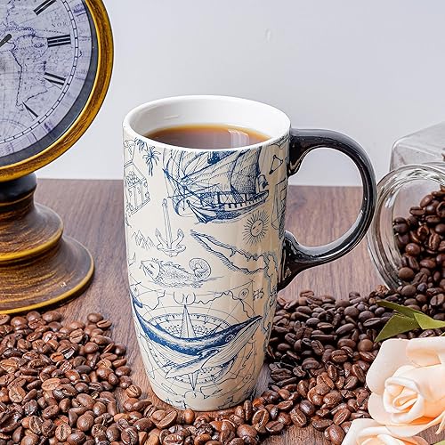 Miniatura 6 de Topadorn Taza de café de cerámica para regalo con tapa de 17 onzas, taza de té alta de porcelana con asa para el hogar y la oficina, taza con patrón
