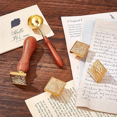 Miniatura 5 de CRASPIRE Juego de 4 sellos de cera, 4 sellos cuadrados de sellado para 4 estaciones con mango de madera universal, cuchara de fusión de cera y