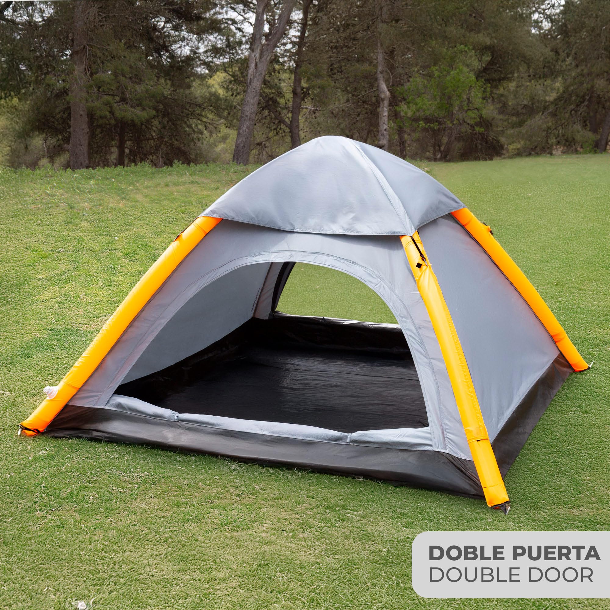 AKTIVE Tente de Camping pour 2 Personnes, Protection UV50, moustiquaires, Tissu Polyester, tiges gonflables, 8 piquets, avec gonfleur, Sac de Transport (63185) Gris 210 x 210 x 135 cm